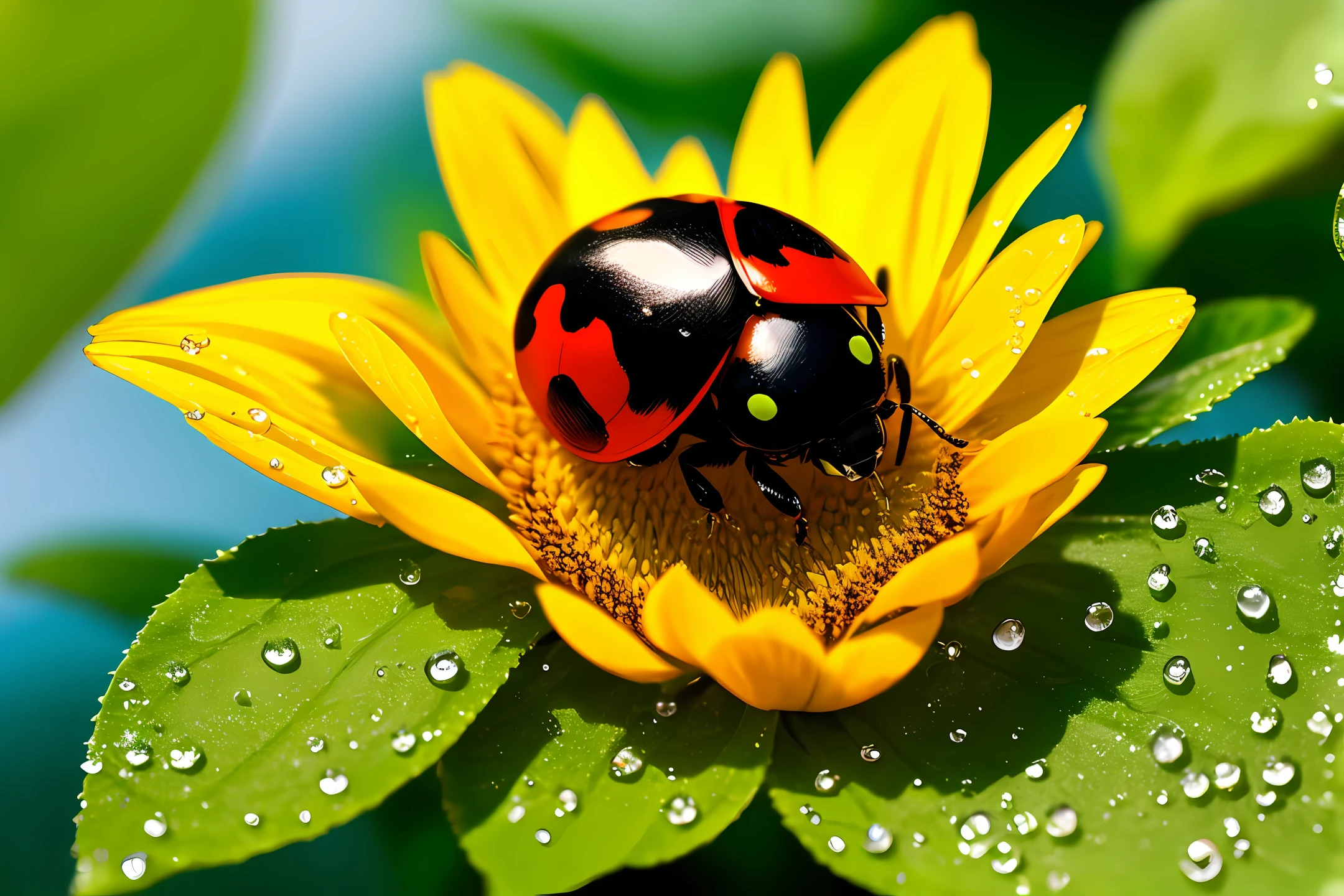 A flower with water drops, a ladybug walking on it, minimalist, a soft light behind, blurred, ultra realistic, great quality, well detailed, intricate photorealistic masterpiece