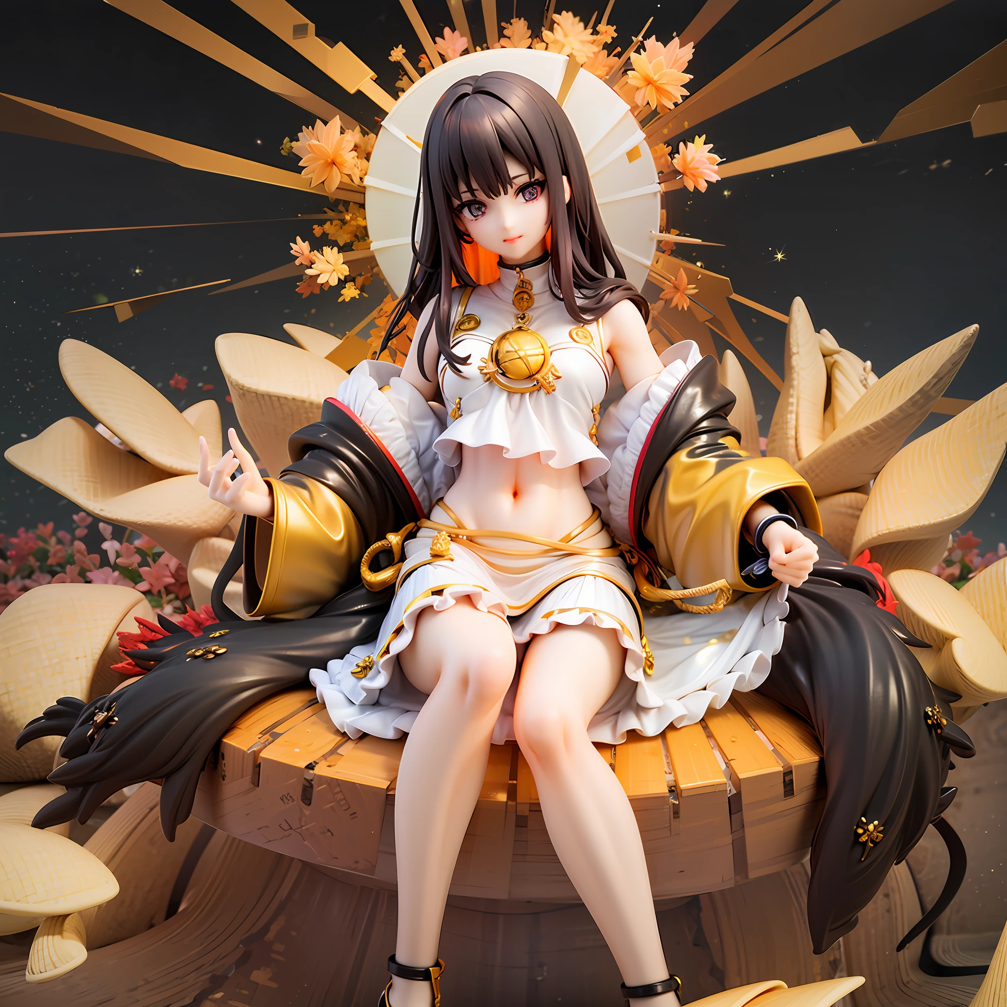 Teen girls、Holding a skirt in left hand、A black、gold、White Skin Skin、Brown-haired、Longhaire(Orange inner color)、White sleeveless top with a lot of exposure、Golden pendant、Navel Ejection、Large golden and black jacket、Revealing white miniskirt、facefront、sitting on、Black background、Go White Sphere、Golden Light、light ray、Glittering background、Golden Rock Ground、Golden plant