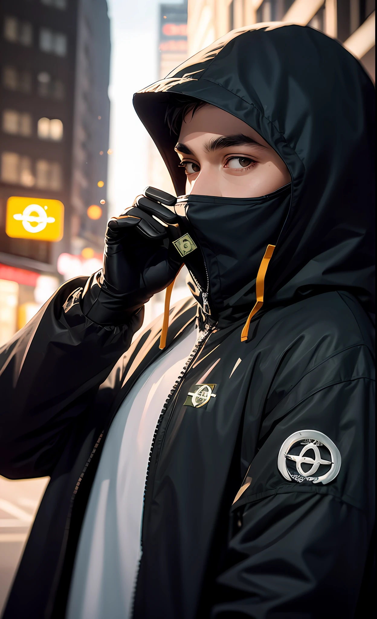 Masterpiece, best quality, black man, black bubble style jacket winter puffer (stone island logo), black gloves, oversized clothes, car night, buildings bright, bright, close-up, balaclava uk drip all black