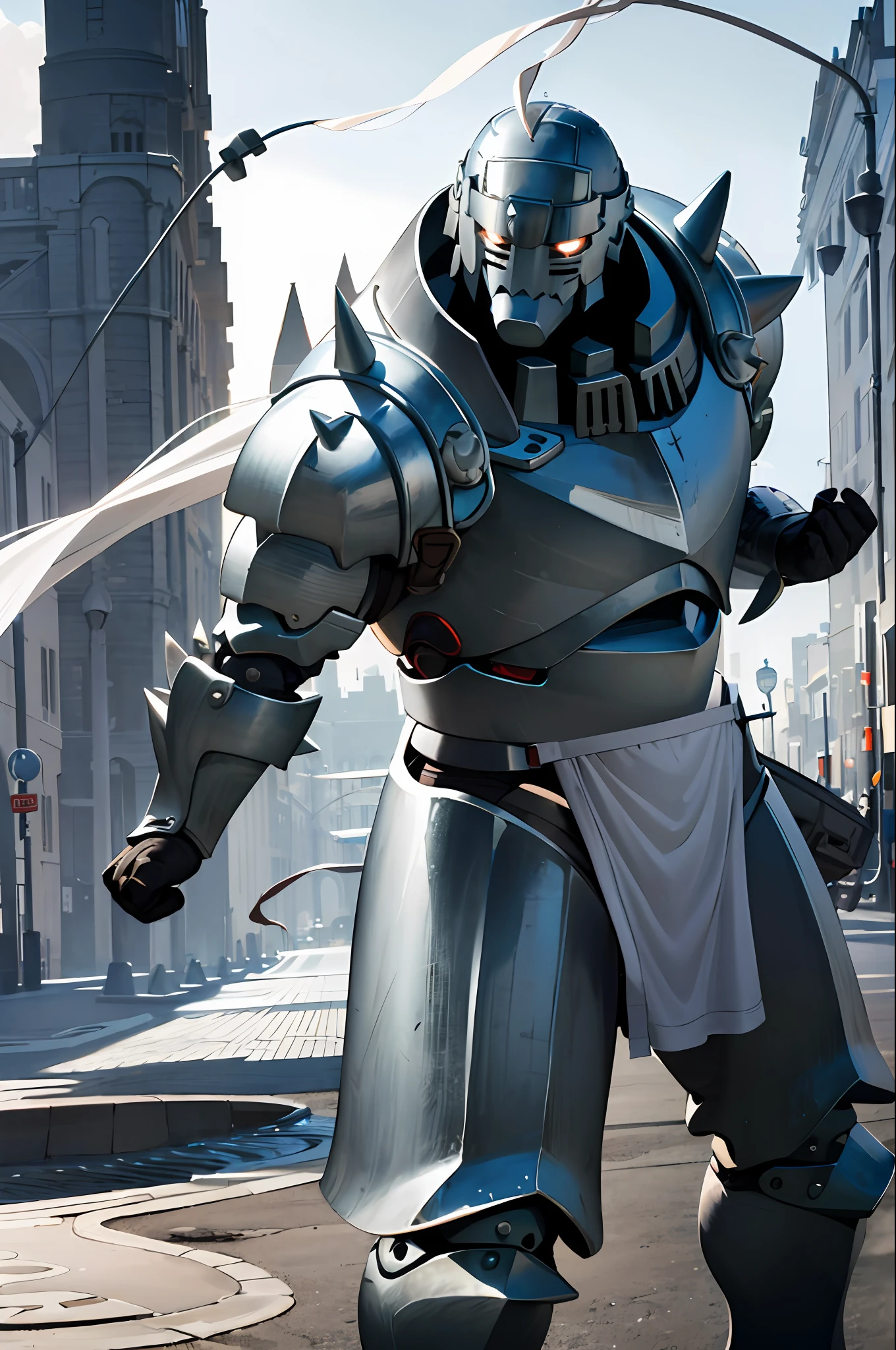 Masterpiece, absurdres, best quality,  alphonse_elric, glowing eyes,  armor, spikes, loin cloth, helmet, cowboy shot,