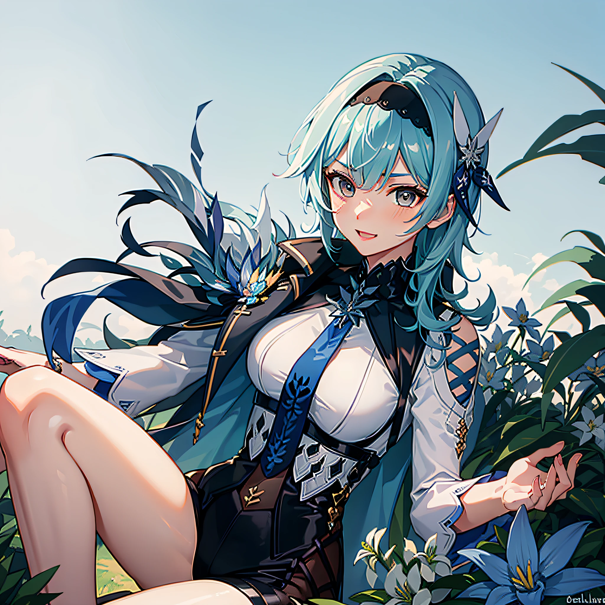 (antecedentes extremamente detalhados) (melhor qualidade), (mais alta qualidade), (obra-prima) , (ultra-detalhado) , Eula Lawrence, peitos enormes, bundas grandes, coxas grandes, Your MILF skin is oily, olhar sedutor, sorriso sedutor, blush, blue skies, cabelo longo, olhos castanhos , sitting in a garden of blue lilies, Blue lilies , olhando para o espectador , solo ,4k , 8k ,