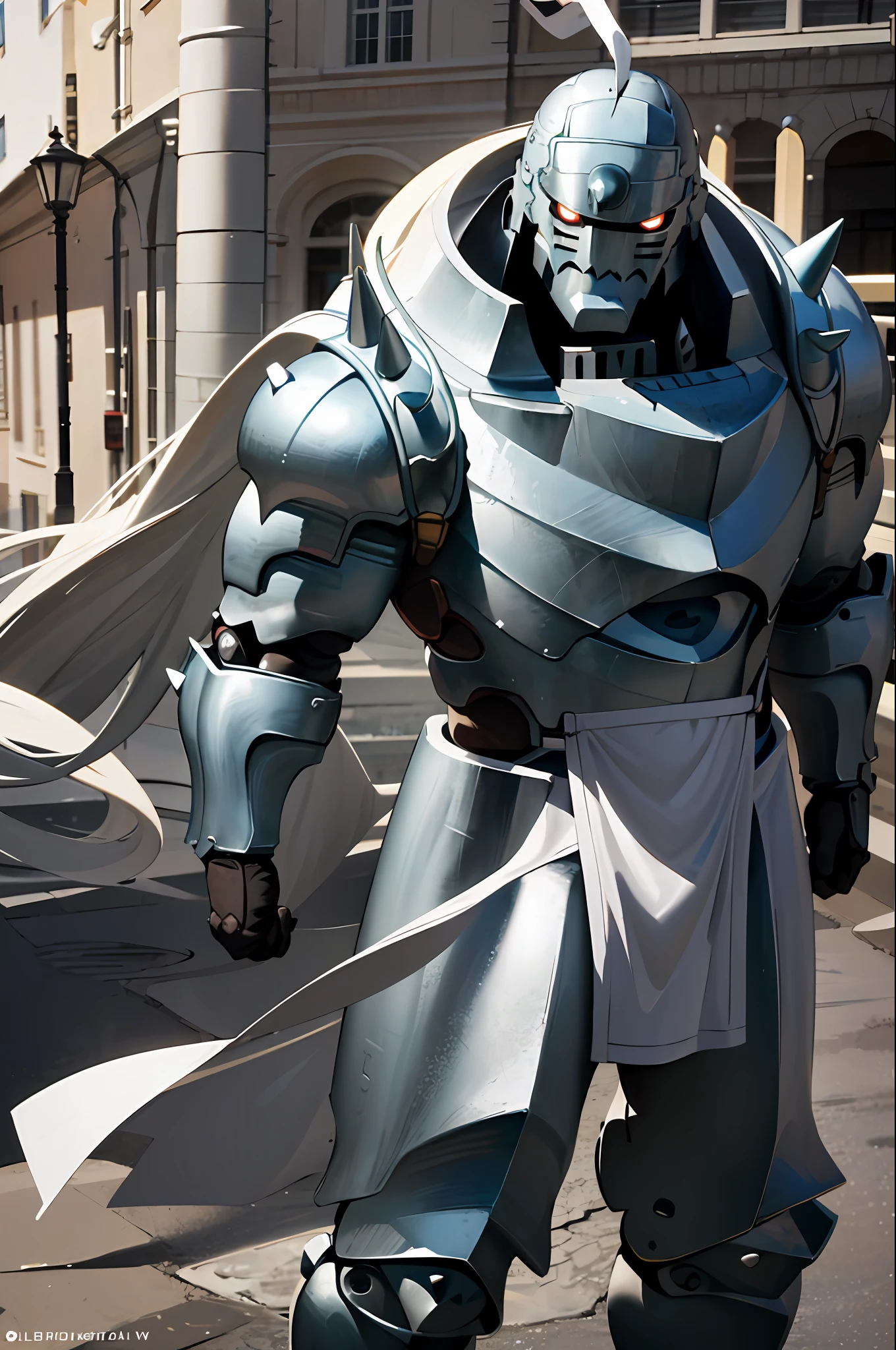 Masterpiece, absurdres, best quality,  alphonse_elric, glowing eyes,  armor, spikes, loin cloth, helmet, cowboy shot,