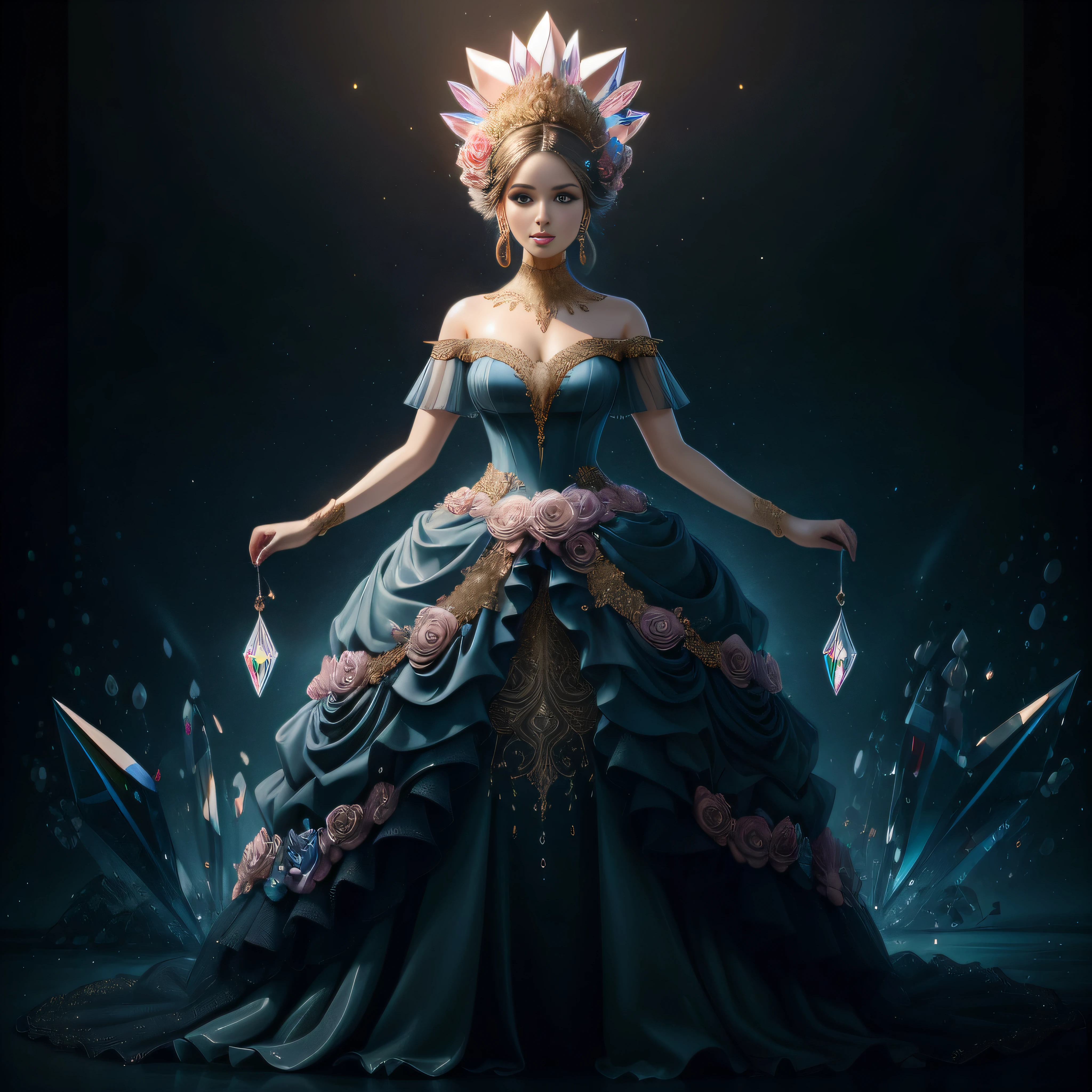 a day of the dead goddess wearing a majestic ((crystal)) dusty pink and gold ball gown dress, big beautiful dress, intricate puffy ball gown with lots of ruffles and rhinestones (Masterpiece, Top Quality, Best Quality, Official Art, Beautiful and Aesthetic: 1.2), (1 Flower), Full Body, Extremely Detailed, (Fractal Art: 1.3), Colorful, Most Detailed