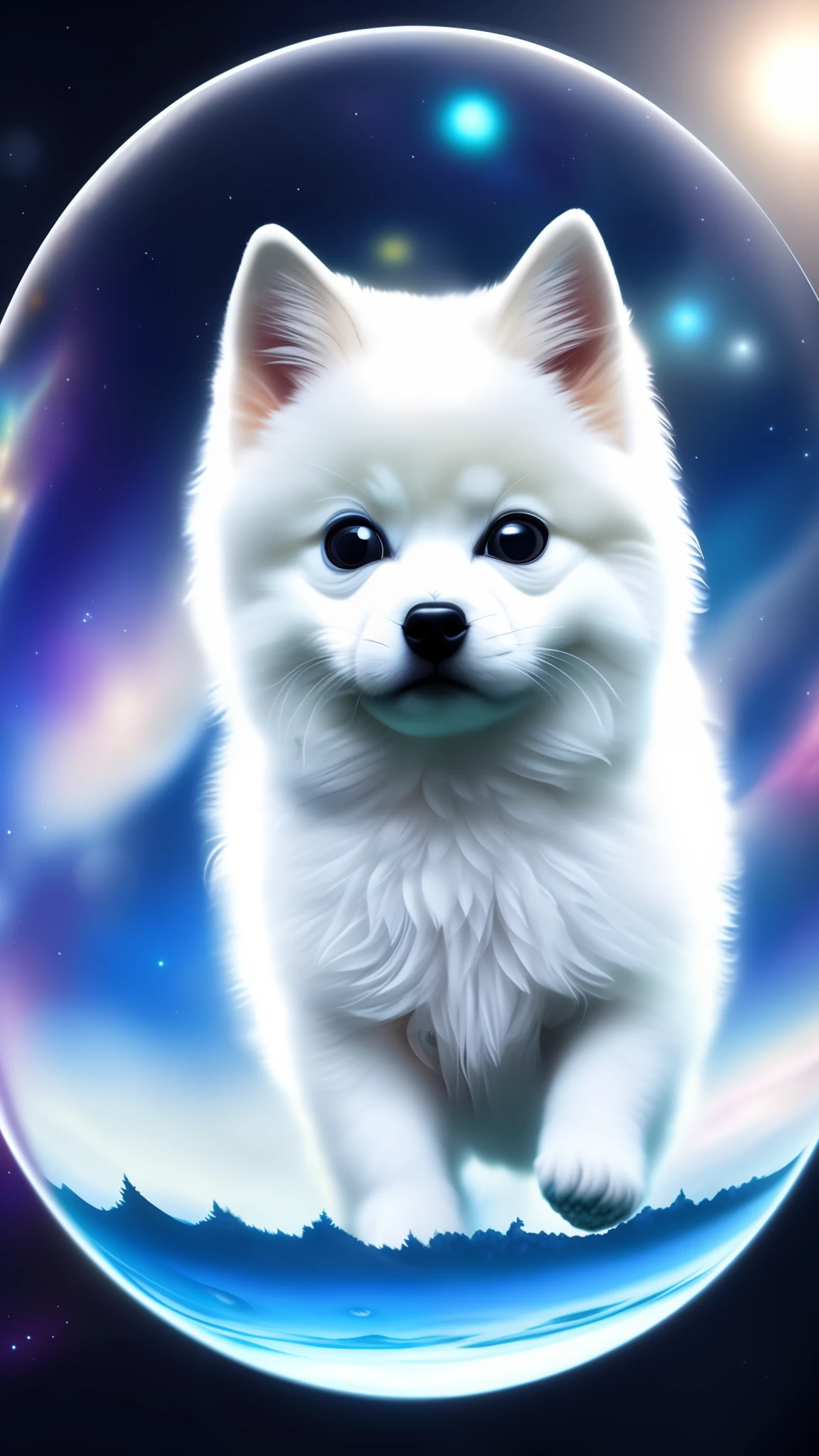A cute Samoyed with big eyes in the bubble space
