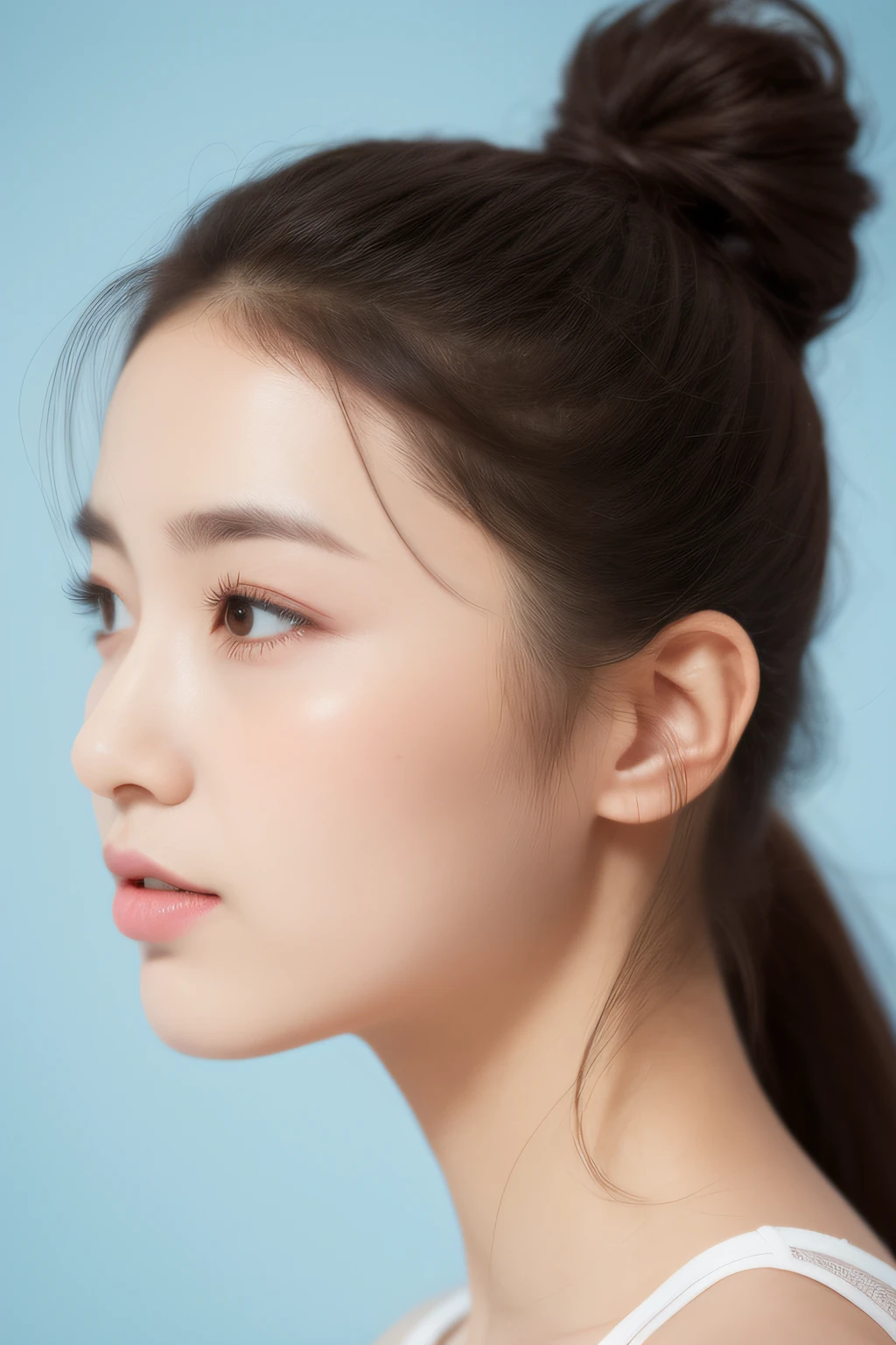 Masterpiece, Best Quality, 1girls, profile, ponytail, updo hair, nape of neck, pink lips, slightly upturned nose, long eyelashes, realistic skin texture, attractive face, pale blue background, blurred