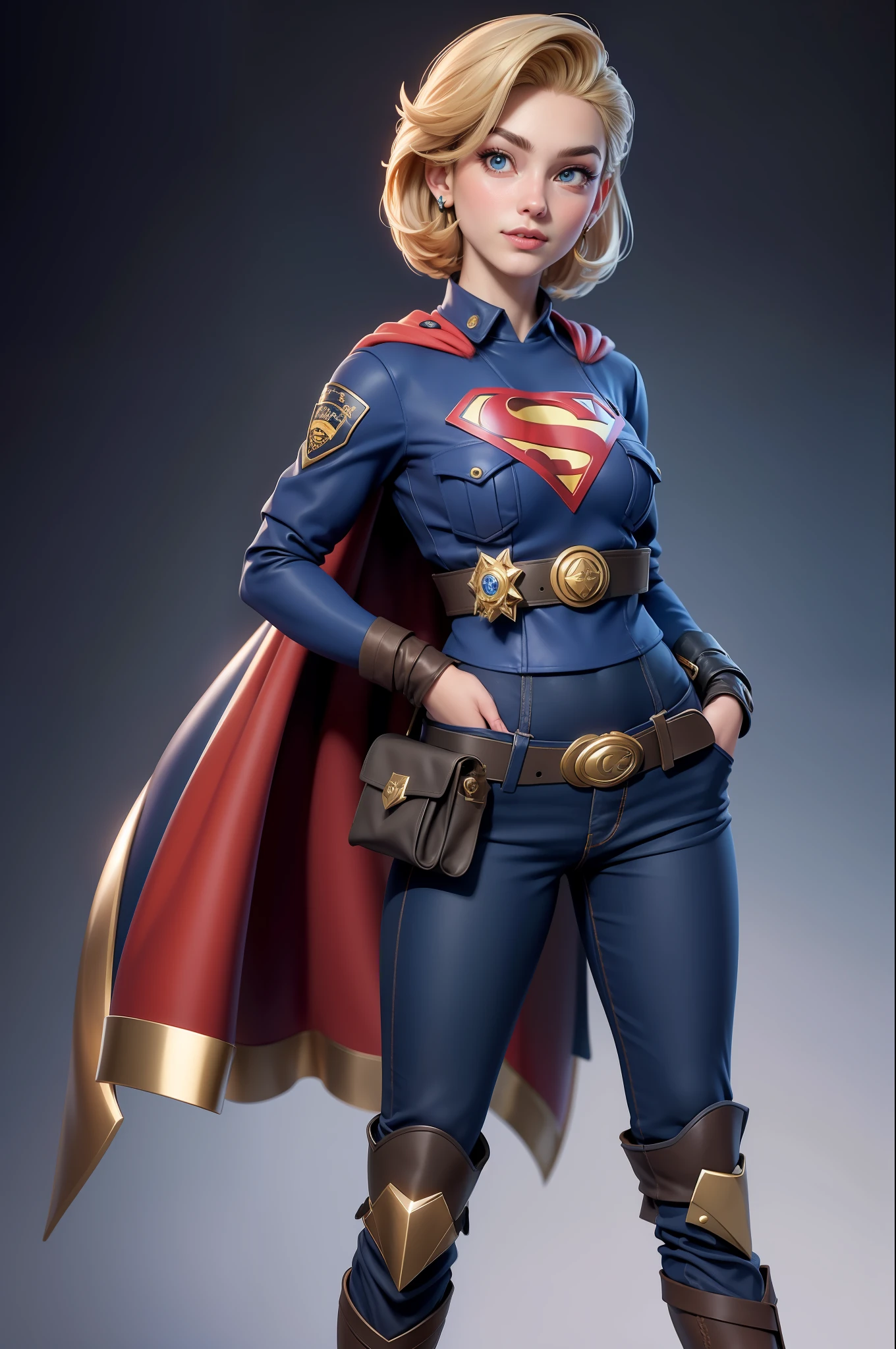 Estilo 3DMM,(Masterpiece, Qualidade Superior, melhor qualidade, cabelos loiro longos, Realistic, 1Menina, 20 anos, garota, melhor qualidade, detalhes intrincados, Olhando para o Viewer, ultra realista 8k CG, imagem rosto perfeito, Impeccable, limpo, Masterpiece, arte profissional, obras de arte famosas, film lighting, filme Bloom, rosto perfeito, beautiful face, Olhos azuis bonitos, blue police uniform Short-sleeved Supergirl, design ajustado, com letra S do superman 
no peito, gold trim, brass buttons, peito duplo, gola alta , faixa preta e dourada, luvas de couro pretas, police badge, utility belt with pockets, algema, ammo, blue pants, botas de couro pretas, detalhes dourados,