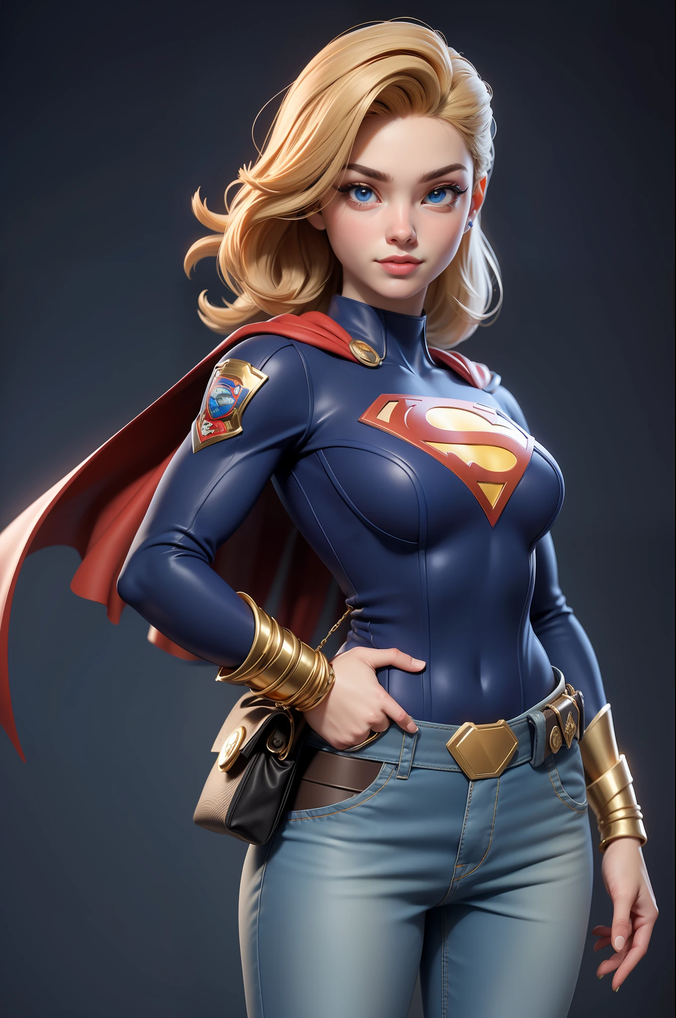 Estilo 3DMM,(Masterpiece, Qualidade Superior, melhor qualidade, cabelos loiro longos, Realistic, 1Menina, 20 anos, garota, melhor qualidade, detalhes intrincados, Olhando para o Viewer, ultra realista 8k CG, imagem rosto perfeito, Impeccable, limpo, Masterpiece, arte profissional, obras de arte famosas, film lighting, filme Bloom, rosto perfeito, beautiful face, Olhos azuis bonitos, blue police uniform Short-sleeved Supergirl, design ajustado, com letra S do superman
no peito, gold trim, brass buttons, peito duplo, gola alta , faixa preta e dourada, luvas de couro pretas, police badge, utility belt with pockets, algema, ammo, blue pants, botas de couro pretas, detalhes dourados,
