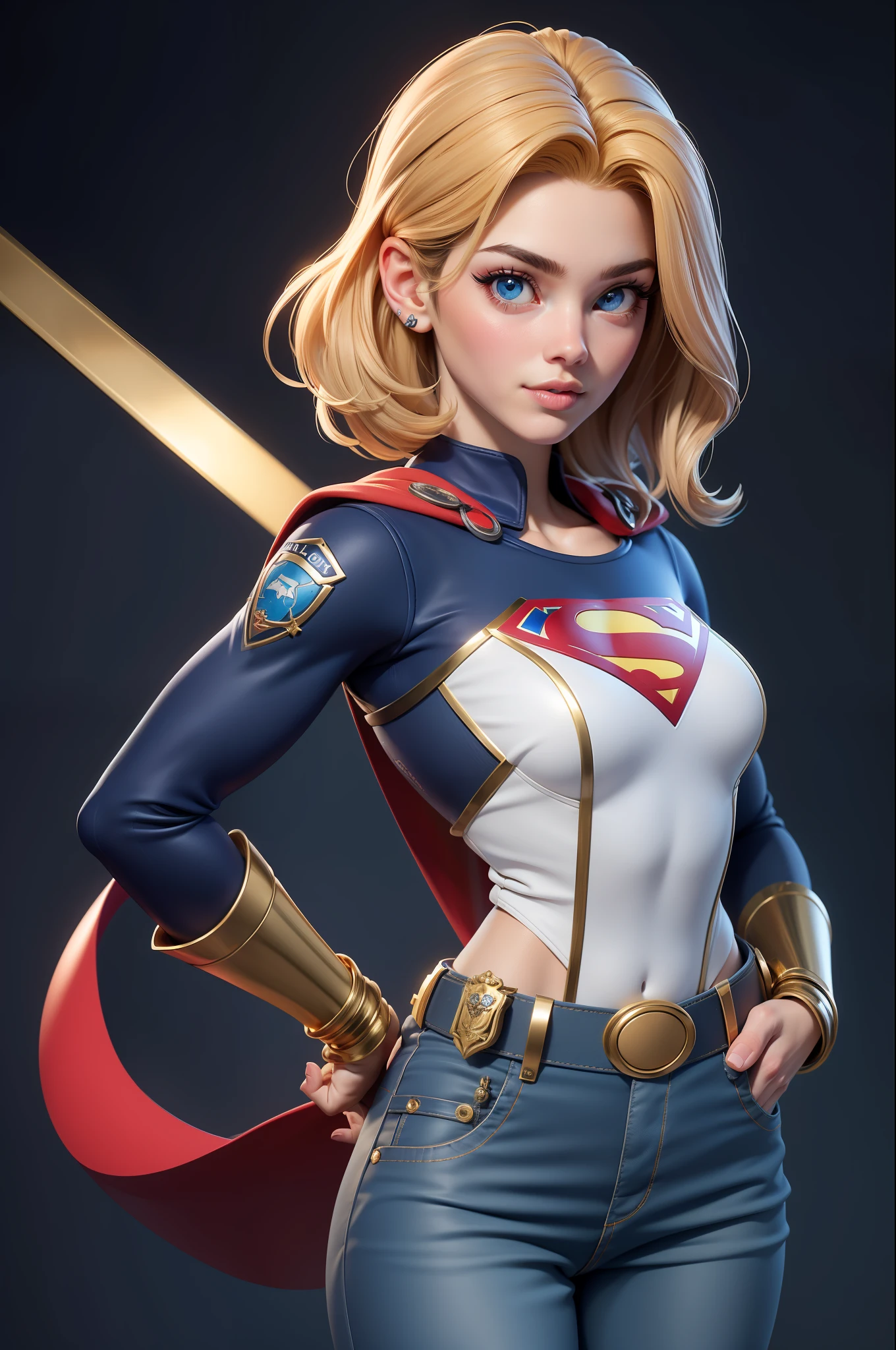 Estilo 3DMM,(Masterpiece, Qualidade Superior, melhor qualidade, cabelos loiro longos, Realistic, 1Menina, 20 anos, garota, melhor qualidade, detalhes intrincados, Olhando para o Viewer, ultra realista 8k CG, imagem rosto perfeito, Impeccable, limpo, Masterpiece, arte profissional, obras de arte famosas, film lighting, filme Bloom, rosto perfeito, beautiful face, Olhos azuis bonitos, blue police uniform Short-sleeved Supergirl, design ajustado, com letra S do superman
no peito, gold trim, brass buttons, peito duplo, gola alta , faixa preta e dourada, luvas de couro pretas, police badge, utility belt with pockets, algema, ammo, blue pants, botas de couro pretas, detalhes dourados,