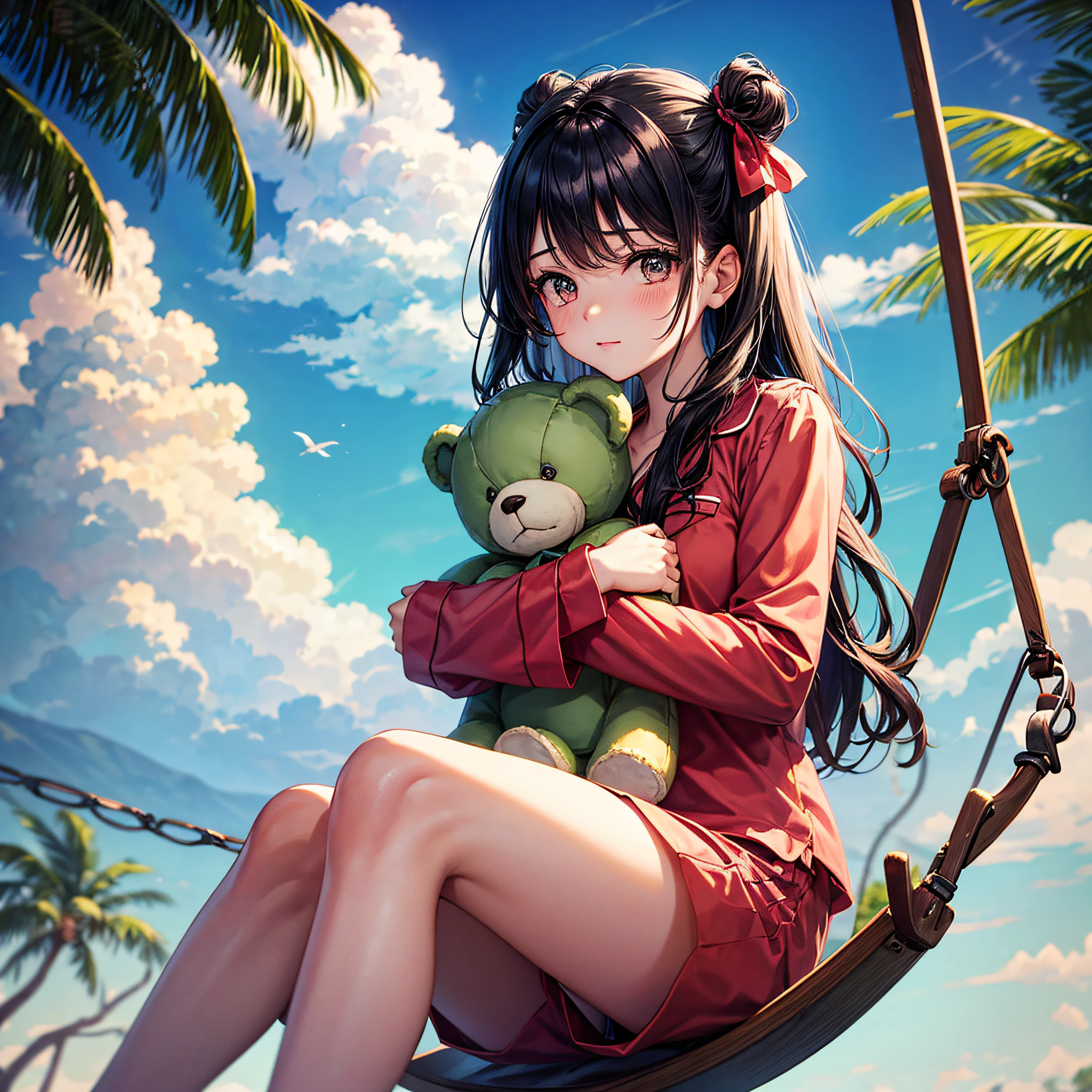Uma imagem encantadora de uma menina de 18 anos, with a sweet and innocent appearance, wearing a cloud-print pajama and rainbow. She's sitting on a swing suspended in a tree, while hugging a cute teddy bear with a ribbon bow. ao redor, nuvens fofinhas e cores suaves criam um ambiente de sonho.