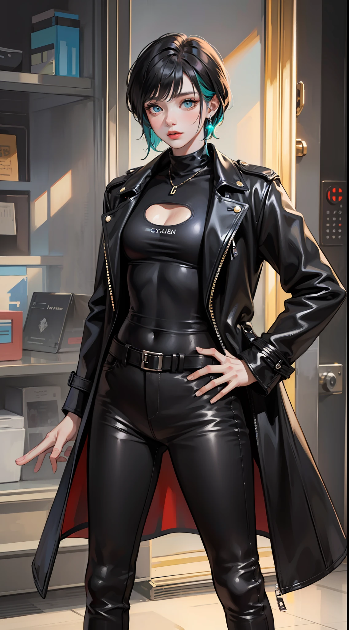 Tall guy, Short black hair, Cyan eyes, leather trenchcoat, black trousers, Black T-shirt, Masterpiece, high qulity