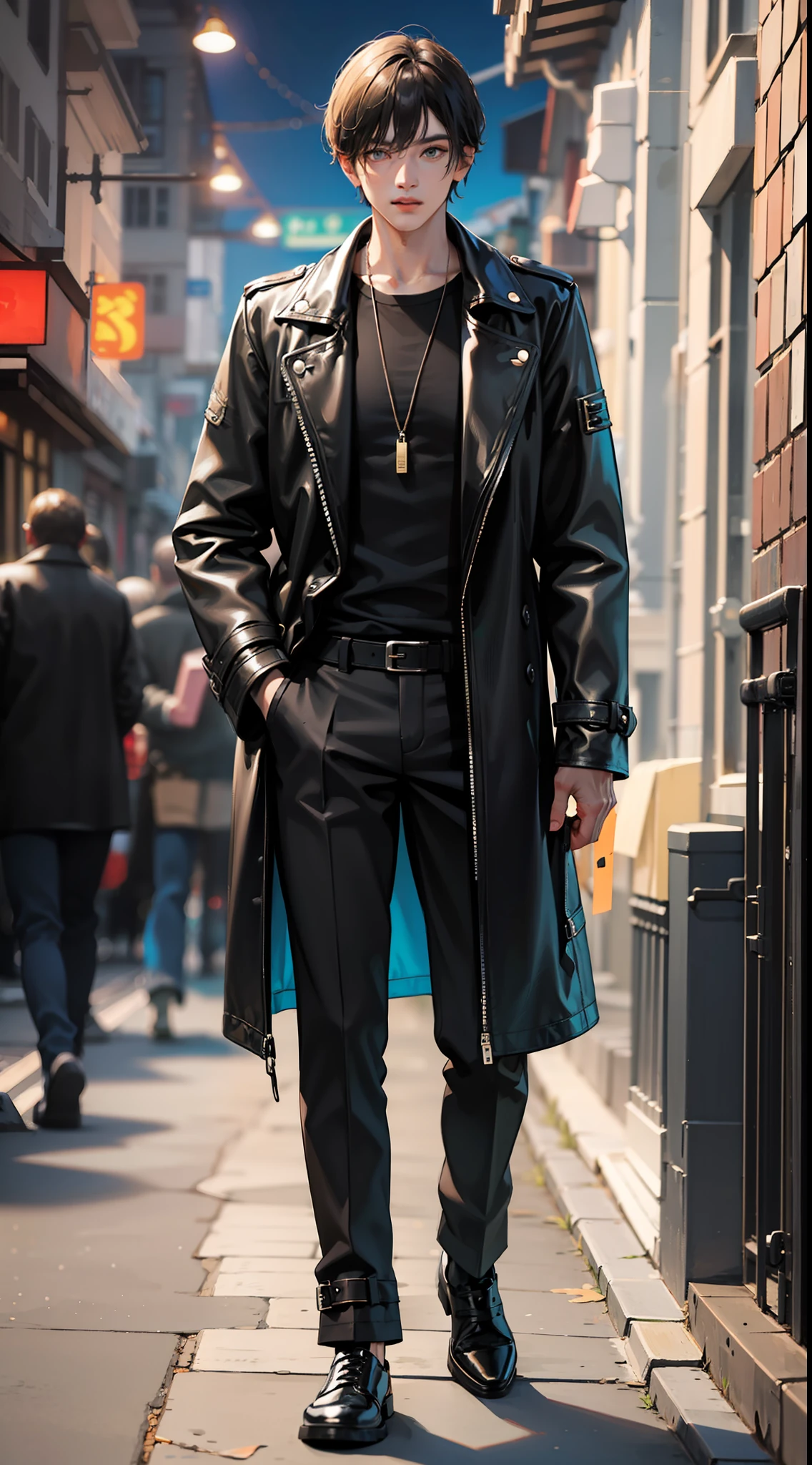 Tall guy, Short black hair, Cyan eyes, leather trenchcoat, black trousers, Black T-shirt, Masterpiece, high qulity