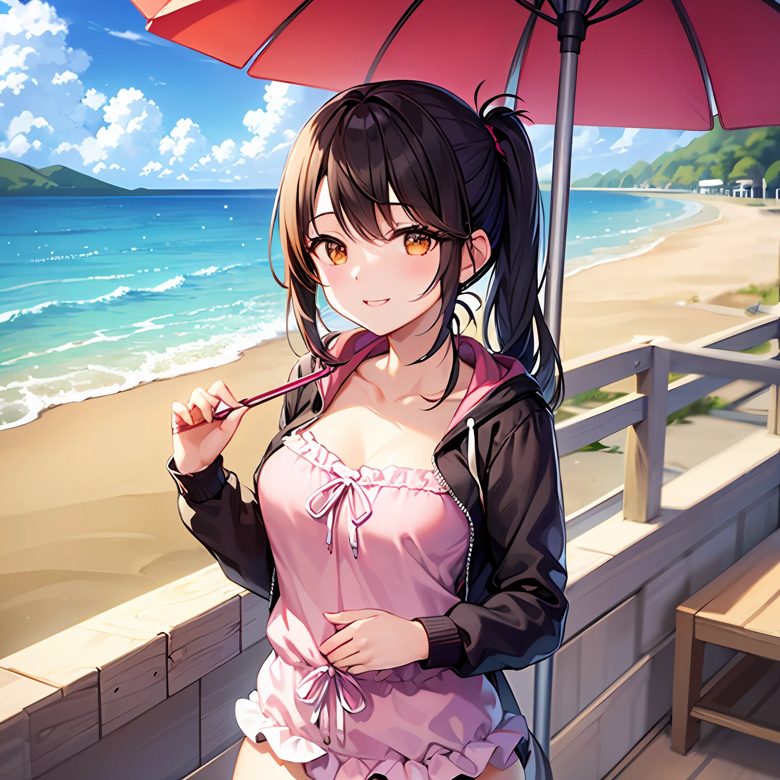 1girls, Height 148cm、Bust 85cm、Waist 56cm、Hip 85cm、F-cup、23yo、very baby face、Brown-haired、ponie tail、Cute pink one-piece swimsuit with ruffles、You can't see much of the chest、Wearing a white hoodie with a front opening、Sandy beaches on the Shonan coast、smile on face、Blur the background a lot、sea bathing、beach parasol、Dazzling sunlight