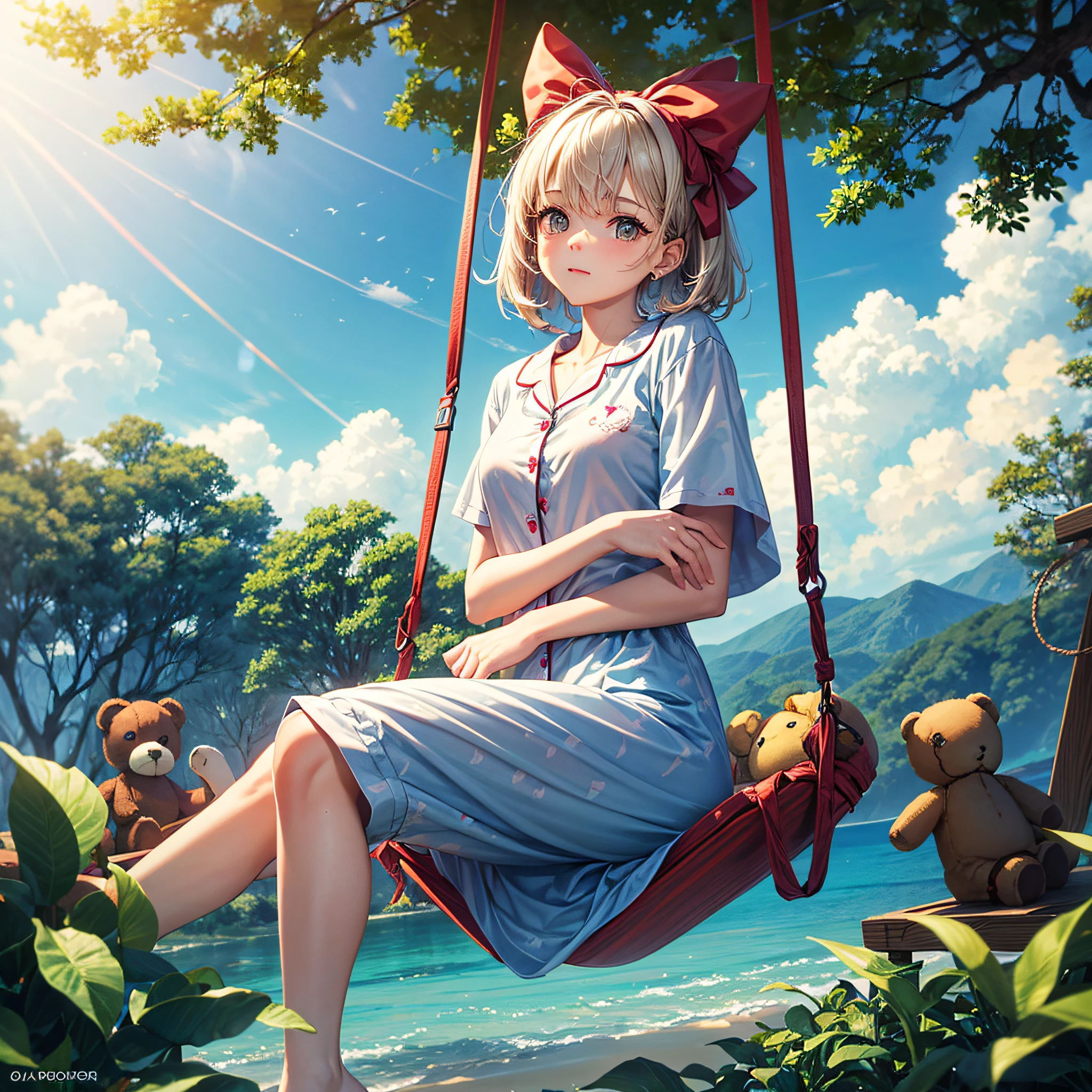 Uma imagem encantadora de uma menina de 18 anos, with a sweet and innocent appearance, wearing a cloud-print pajama and rainbow. She's sitting on a swing suspended in a tree, while hugging a cute teddy bear with a ribbon bow. ao redor, nuvens fofinhas e cores suaves criam um ambiente de sonho.