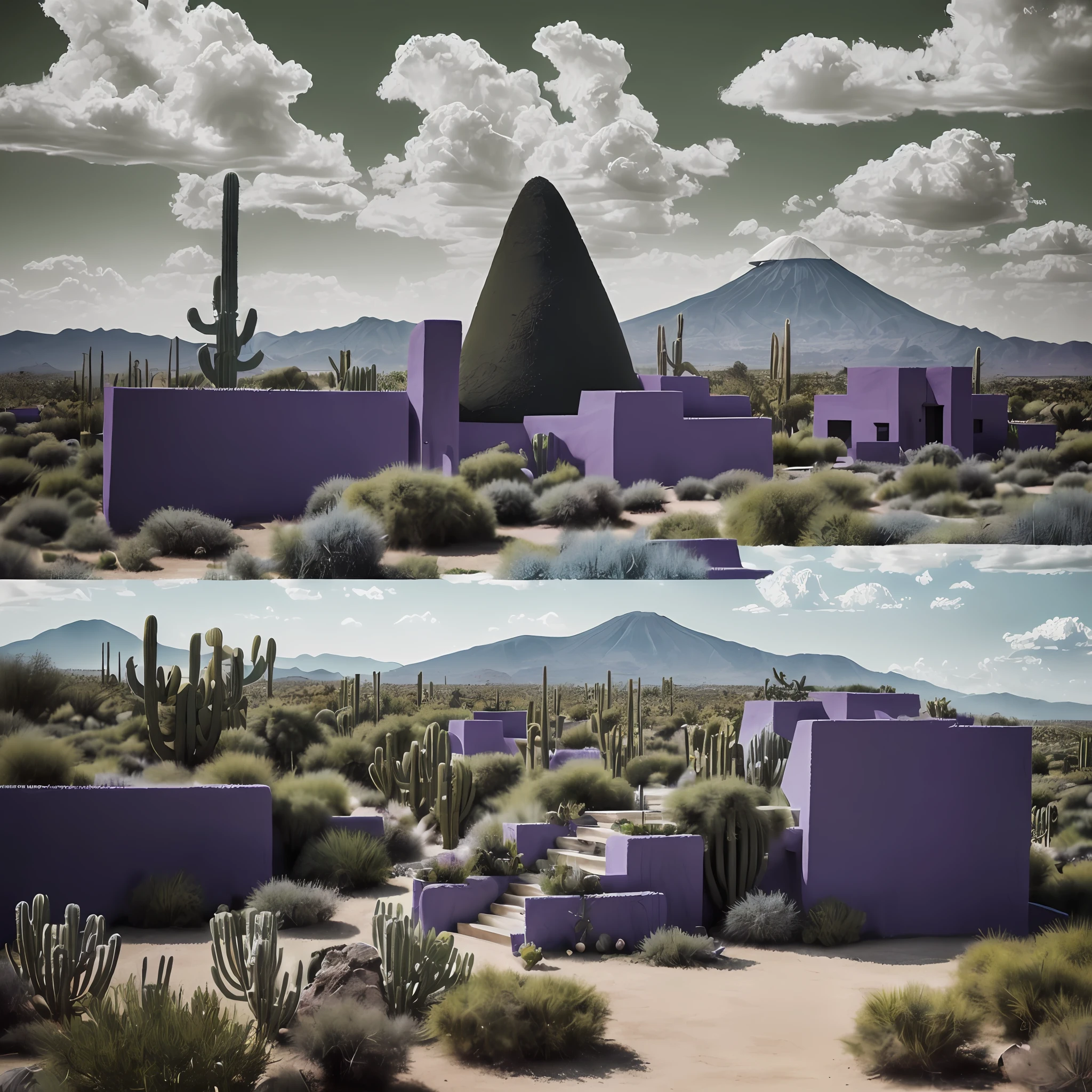 Illustration, a garden with abundant cacti, ((various organic sculptures)), ((big rocks)), (((multiple sections))), collage style, detailed, (((color palette (olive green), (violet), cool grey, ((blue)), black and white))), (((a lot Luis barragán's architecture style builds))) big clouds, volcano in horizon, stairs, in the desert. ((masterpiece, best quality)),illustration,ultra detailed 8k