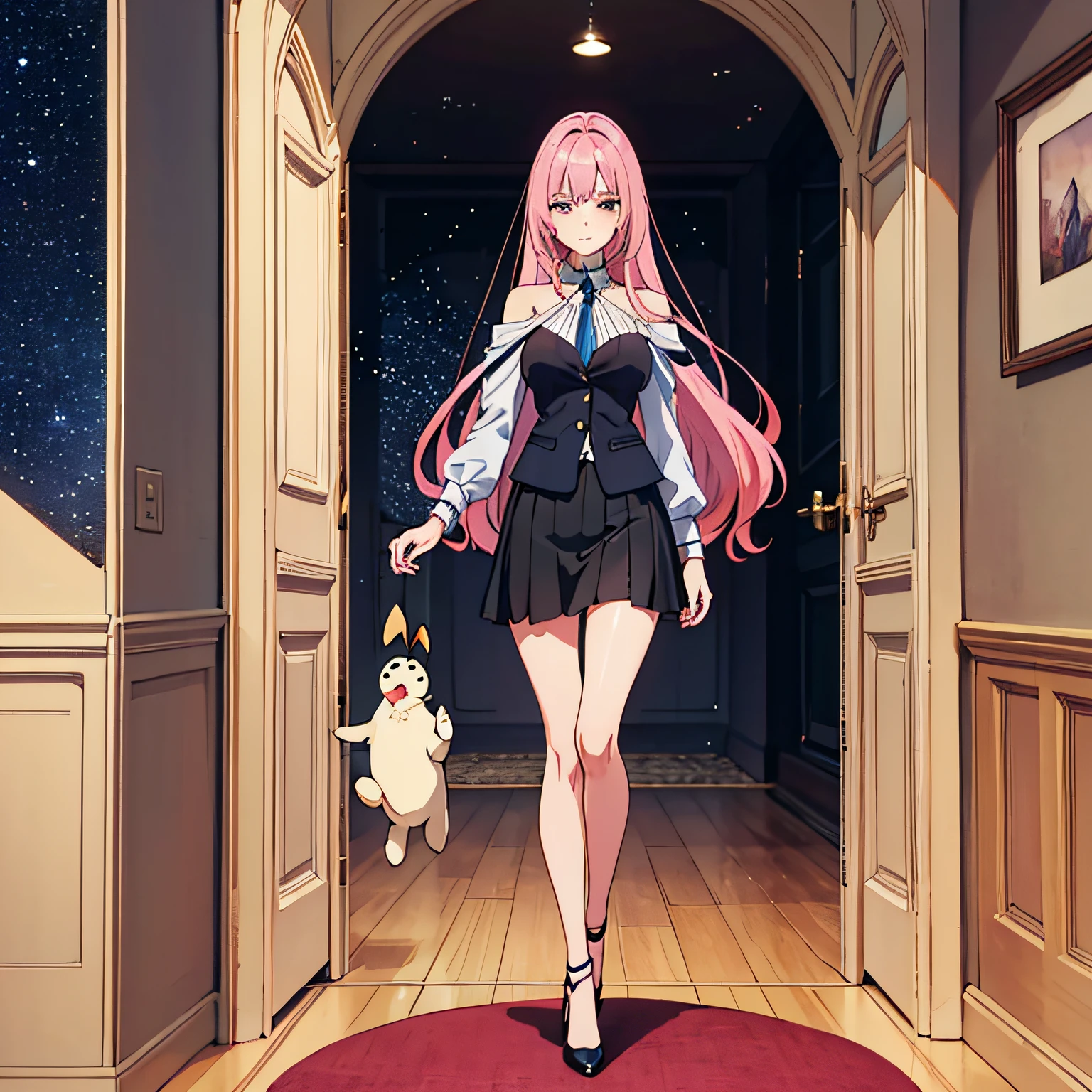 The girl with long pink hair stood in the doorway of the hall,Silk stockings,Anterior convex and posterior,Dreamlike,starry light,Exposed shoulder,Long flowing hair,Beautiful,Gorgeous skirt,Miss Elegance,Thin and tall,Slender legs,Beautiful and moving,Correct human proportions,Multi-layered skirt,necklac,