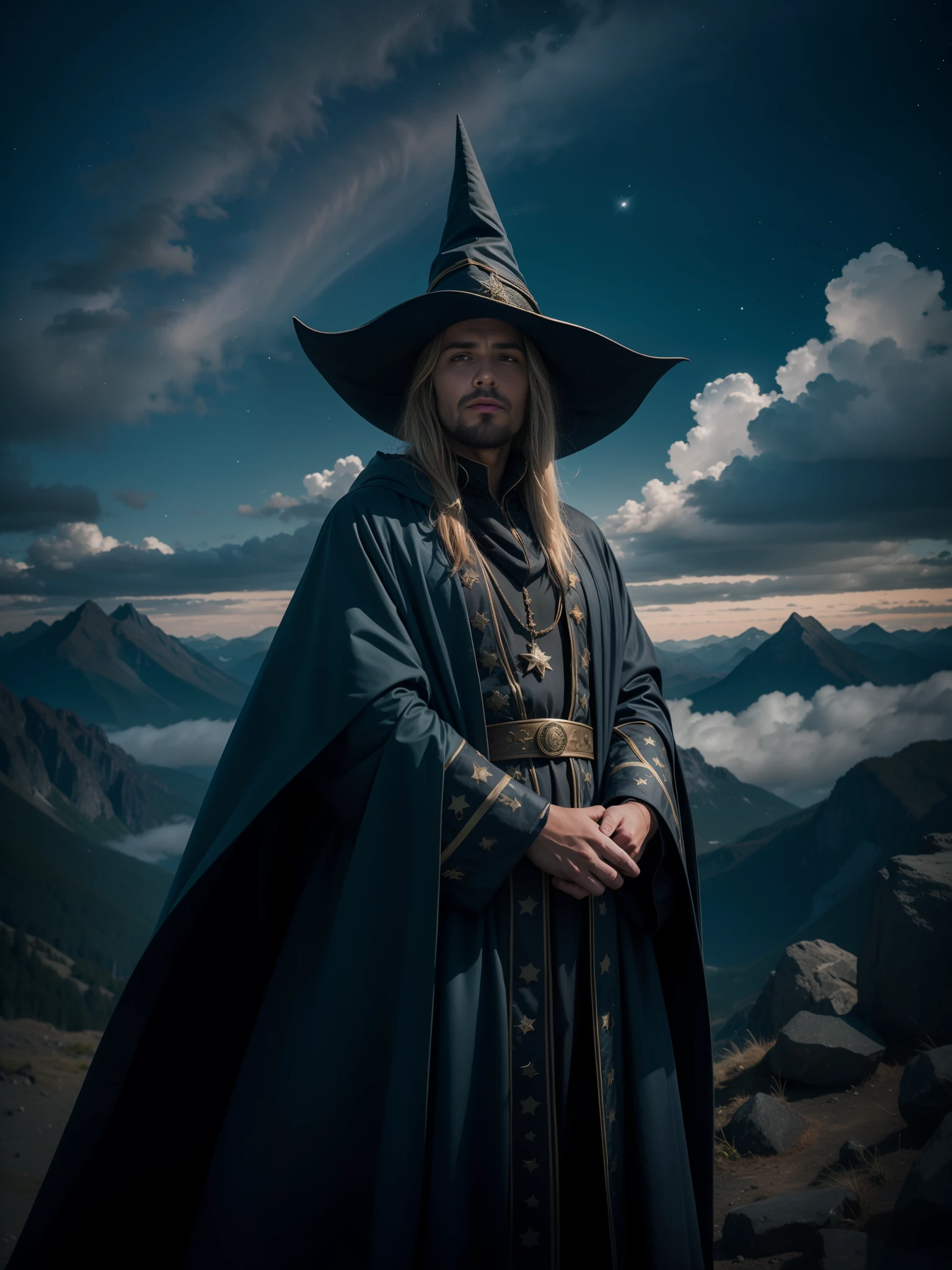 A closeup photo of a wizard, wearing a cloak and pointy hat, mountain top with view of clouds and starry sky in the background, detailed face, cinematic