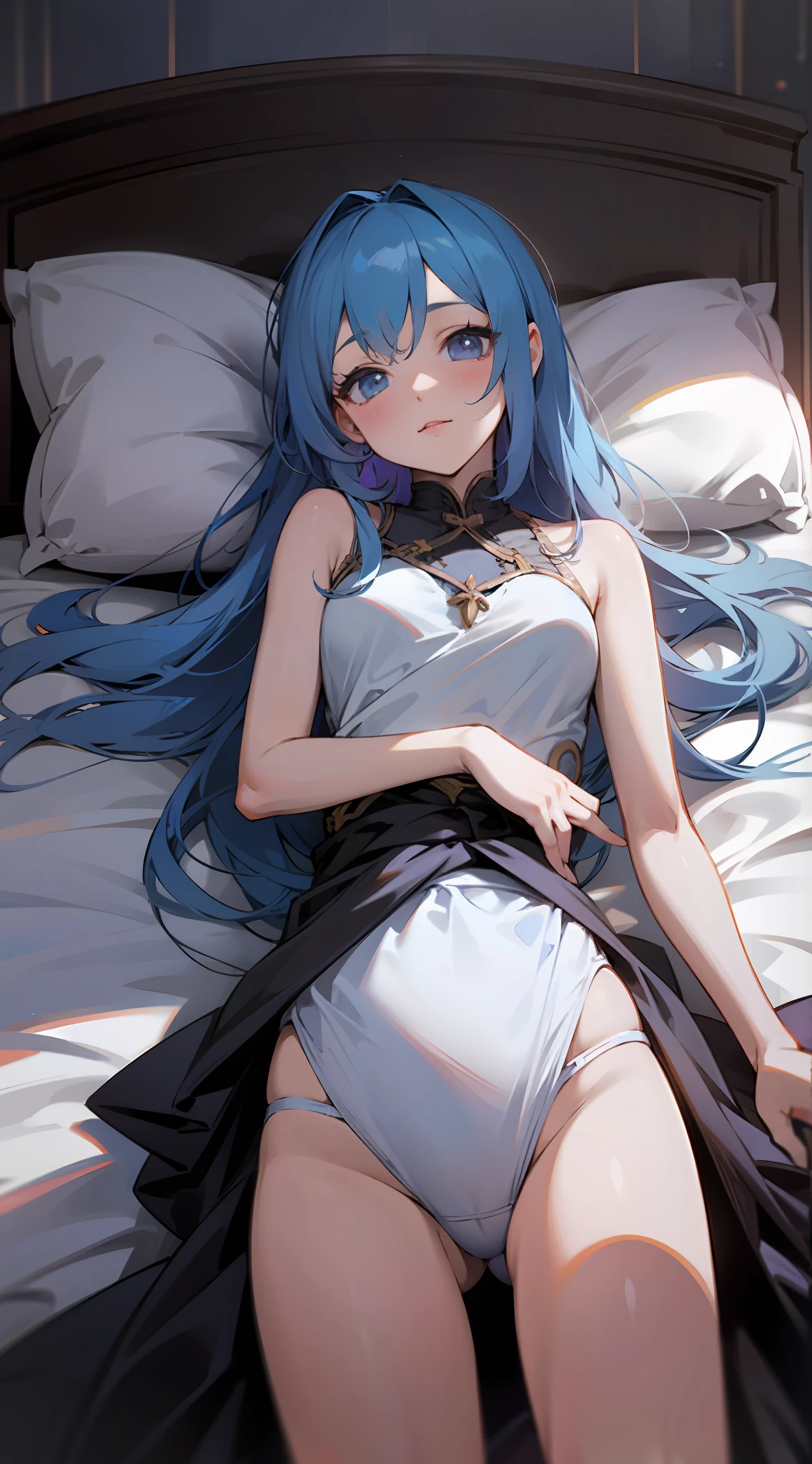 Lying in bed in underwear、dim room、Long hair that goes down to the waist、Beautiful girl with blue hair、
