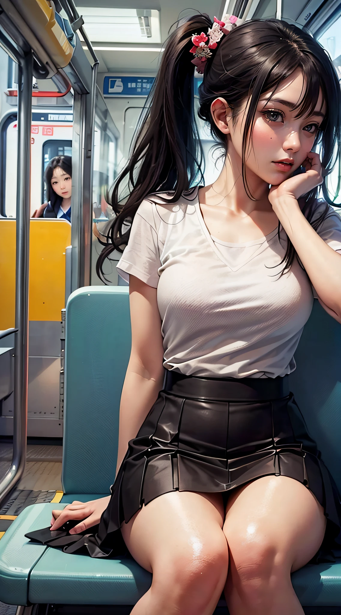 “(nmasterpiece,high-definition,ultra high def,4K)Black hair with double ponytail, Japanese girl,Red tight skirt,emphasizing thighs,Exposing the skin of the legs,soft thighs,Glossy thighs,sat down in train aile,Face-to-face perspective,(From the angle below),Sit in the train seat,Sit in front,Crotch zoom camera,Feet on the train floor,Whole human body,Head down and sleepy-eyed,Just look at the audience", 最佳质量, ultra high def, (make realistic:1.4), high resolucion, specifics,