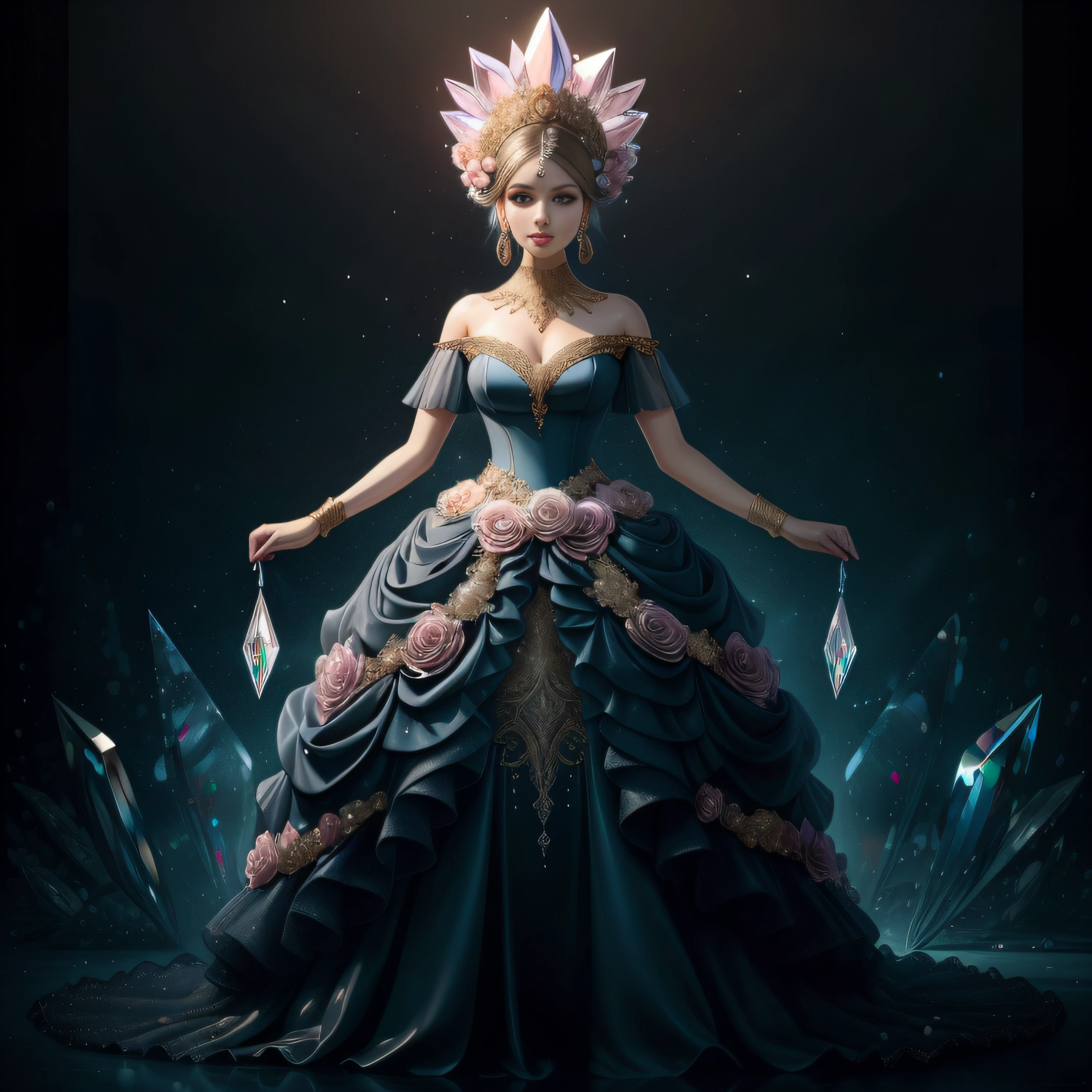 a day of the dead goddess wearing a majestic ((crystal)) dusty pink and gold ball gown dress, big beautiful dress, intricate puffy ball gown with lots of ruffles and rhinestones (Masterpiece, Top Quality, Best Quality, Official Art, Beautiful and Aesthetic: 1.2), (1 Flower), Full Body, Extremely Detailed, (Fractal Art: 1.3), Colorful, Most Detailed