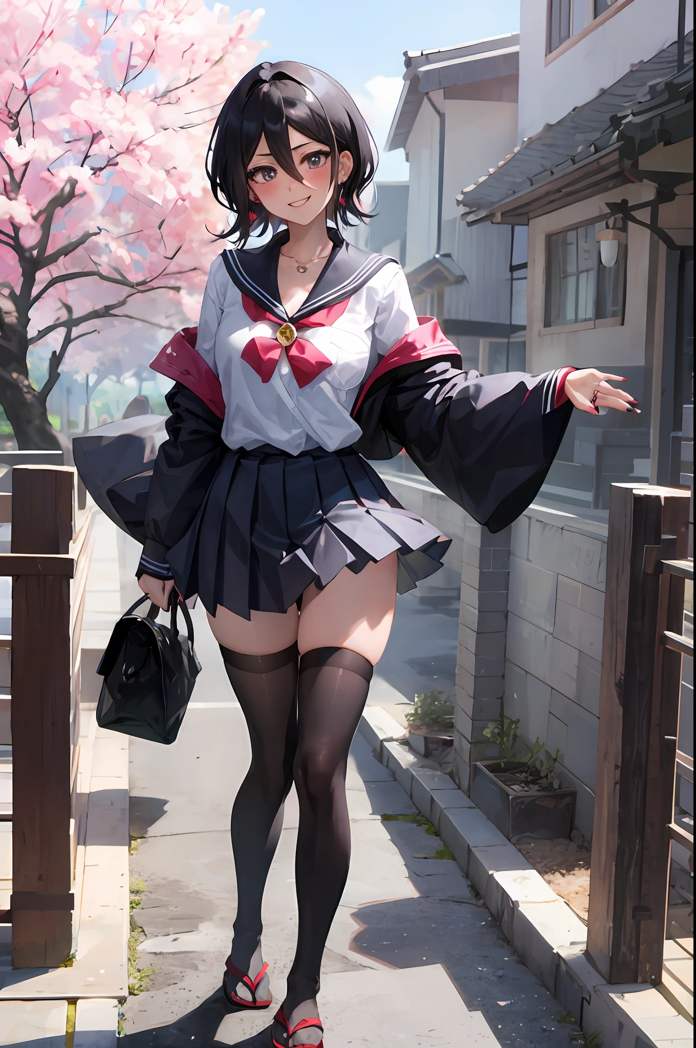 Rukia kuchiki, 1girl, solo, ((sailor uniform)), black thighhighs, breasts, cleavage, pleated skirt, hair between eyes, medium breasts, looking at viewer, messy hair, black hair, pink short nails, solo, thighhighs, thighs, ((masterpiece)), standing, ear piercing, sexy pose, blush, shy, smile, japanese temple, sakura tree,