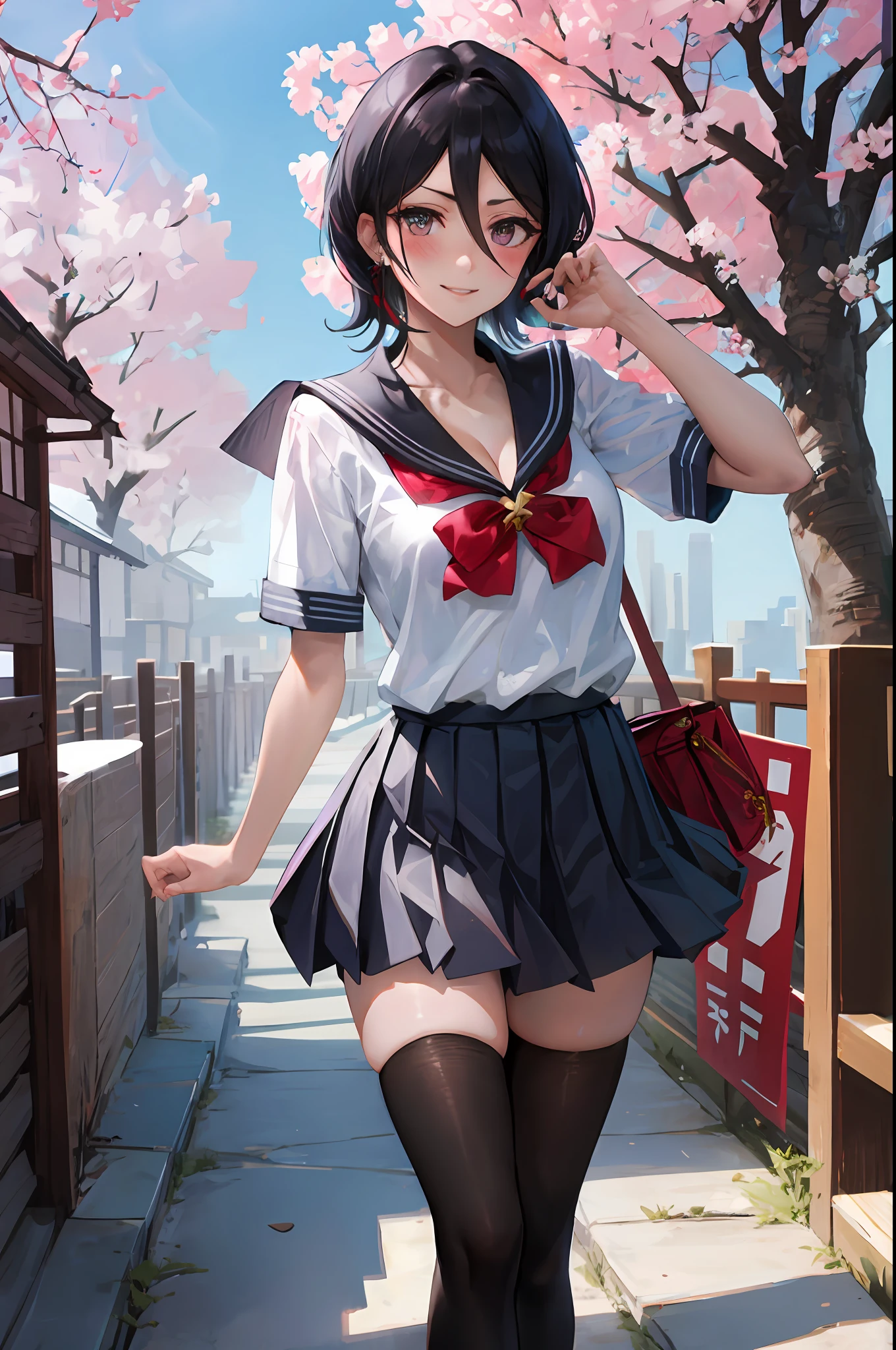 Rukia kuchiki, 1girl, solo, ((sailor uniform)), black thighhighs, breasts, cleavage, pleated skirt, hair between eyes, medium breasts, looking at viewer, messy hair, black hair, pink short nails, solo, thighhighs, thighs, ((masterpiece)), standing, ear piercing, sexy pose, blush, shy, smile, japanese temple, sakura tree,