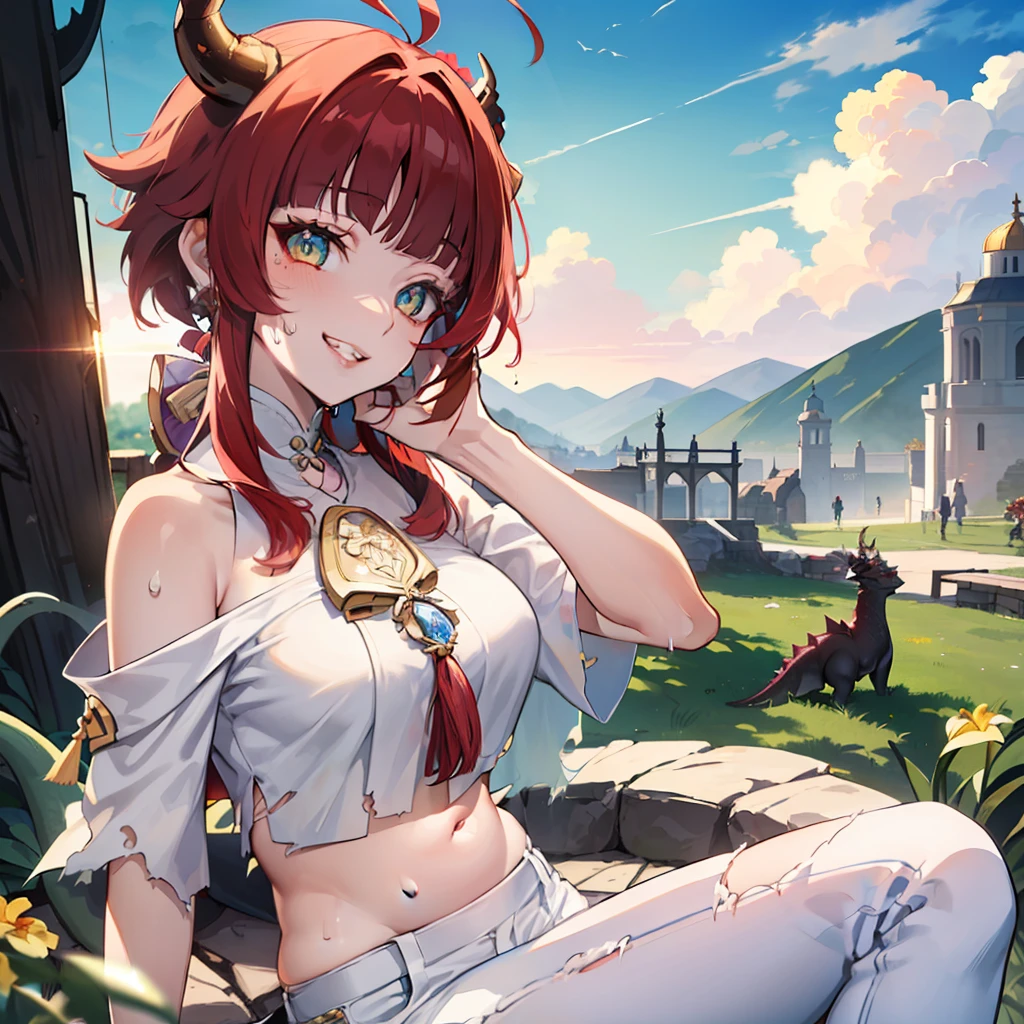 ((masterpiece)), ((best quality)), ((anime profile style)), ((HD 4k)), ((Kirara character)), ((genshin)), ((sweating body)) , girl, female face, happy, ((flushed)), ((dragon horns on head)), smiling, mouth, lips, ((teeth showing)), light skin, ((dragon eyes)), eyelid, Pupil, Sclera, Iris, eyebrow, eyelashes, ear, nose, ((hair in red white colors)), neck, shoulders, ((white shirt)), (thin waist), ((torn pants)), ((belly perfect)), arms, ((thick legs)), ((big thigh)), background scenery, ((in the park)), beautiful day, sun, clouds, beautiful view, ((people out of focus in background)) , viewer's view