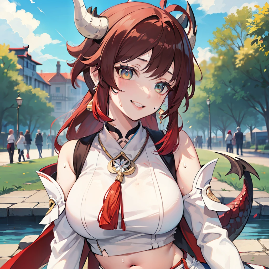 ((masterpiece)), ((best quality)), ((anime profile style)), ((HD 4k)), ((Kirara character)), ((genshin)), ((sweating body)) , girl, female face, happy, ((flushed)), ((dragon horns on head)), smiling, mouth, lips, ((teeth showing)), light skin, ((dragon eyes)), eyelid, Pupil, Sclera, Iris, eyebrow, eyelashes, ear, nose, ((hair in red white colors)), neck, shoulders, ((white shirt)), (thin waist), ((torn pants)), ((belly perfect)), arms, ((thick legs)), ((big thigh)), background scenery, ((in the park)), beautiful day, sun, clouds, beautiful view, ((people out of focus in background)) , viewer's view