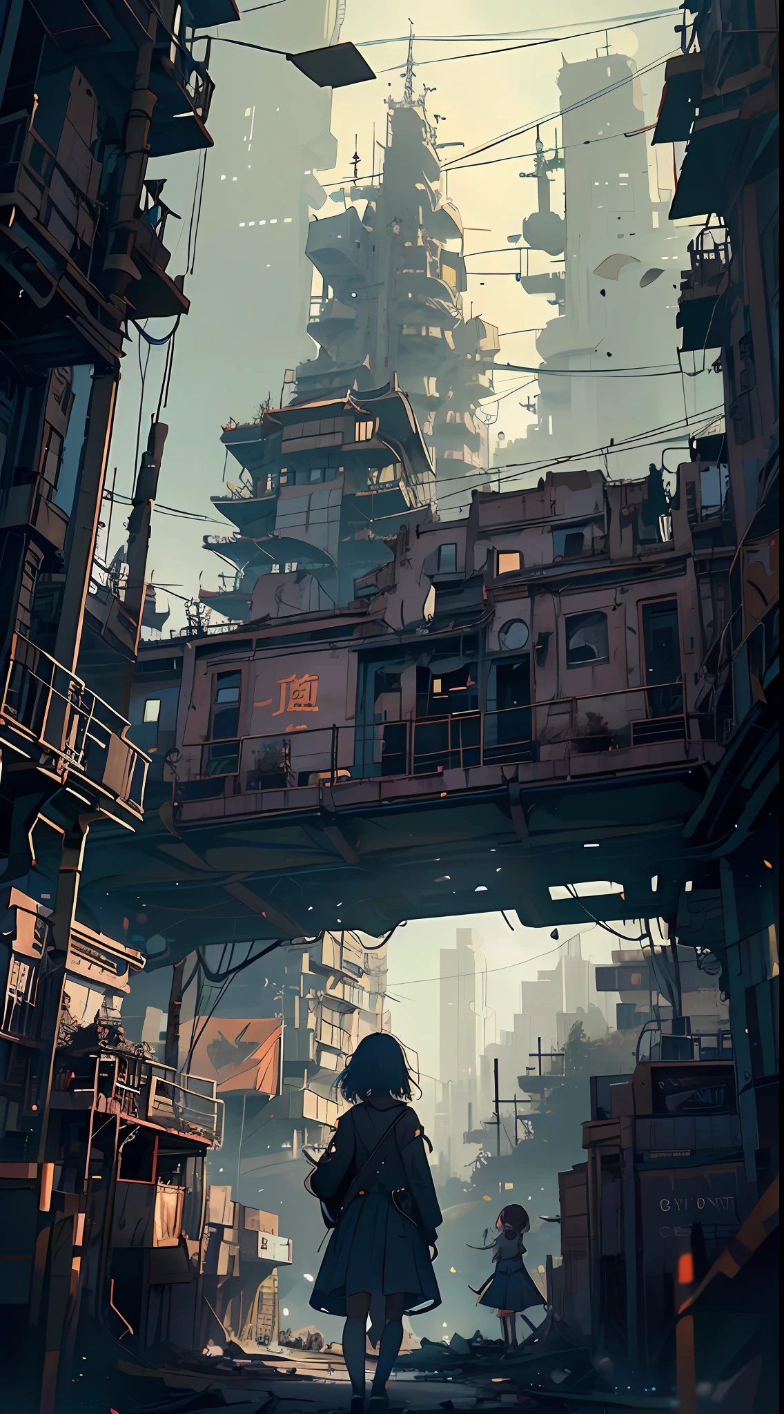 A ray of hope in a dystopia、A girl wanders into a dark Chinese skyscraper、One littlck in the back center of the screen、Very complex cityscape、A devastated world、Pulling composition、industrial、High-definition depiction、A city lined with electric wires、Make a story with 4 sheets