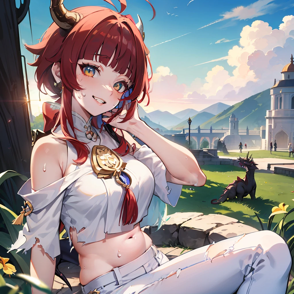 ((masterpiece)), ((best quality)), ((anime profile style)), ((HD 4k)), ((Kirara character)), ((genshin)), ((sweating body)) , girl, female face, happy, ((flushed)), ((dragon horns on head)), smiling, mouth, lips, ((teeth showing)), light skin, ((dragon eyes)), eyelid, Pupil, Sclera, Iris, eyebrow, eyelashes, ear, nose, ((hair in red white colors)), neck, shoulders, ((white shirt)), (thin waist), ((torn pants)), ((belly perfect)), arms, ((thick legs)), ((big thigh)), background scenery, ((in the park)), beautiful day, sun, clouds, beautiful view, ((people out of focus in background)) , viewer's view