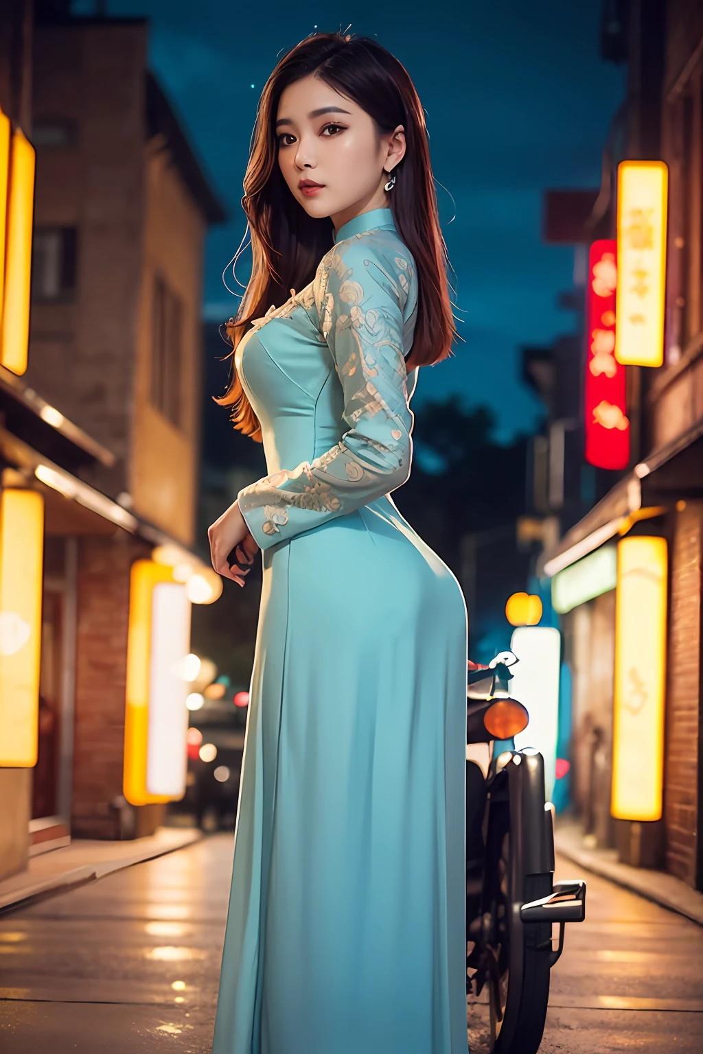 a beautiful girl in vintage colors aodai tradition viet nam, city nigth, masterpiece, best quality, realistic:1.3, street, cyberpunk, sunlight, backlighting, artstation, intricate details, vignette, city night, antique car, Hoi An