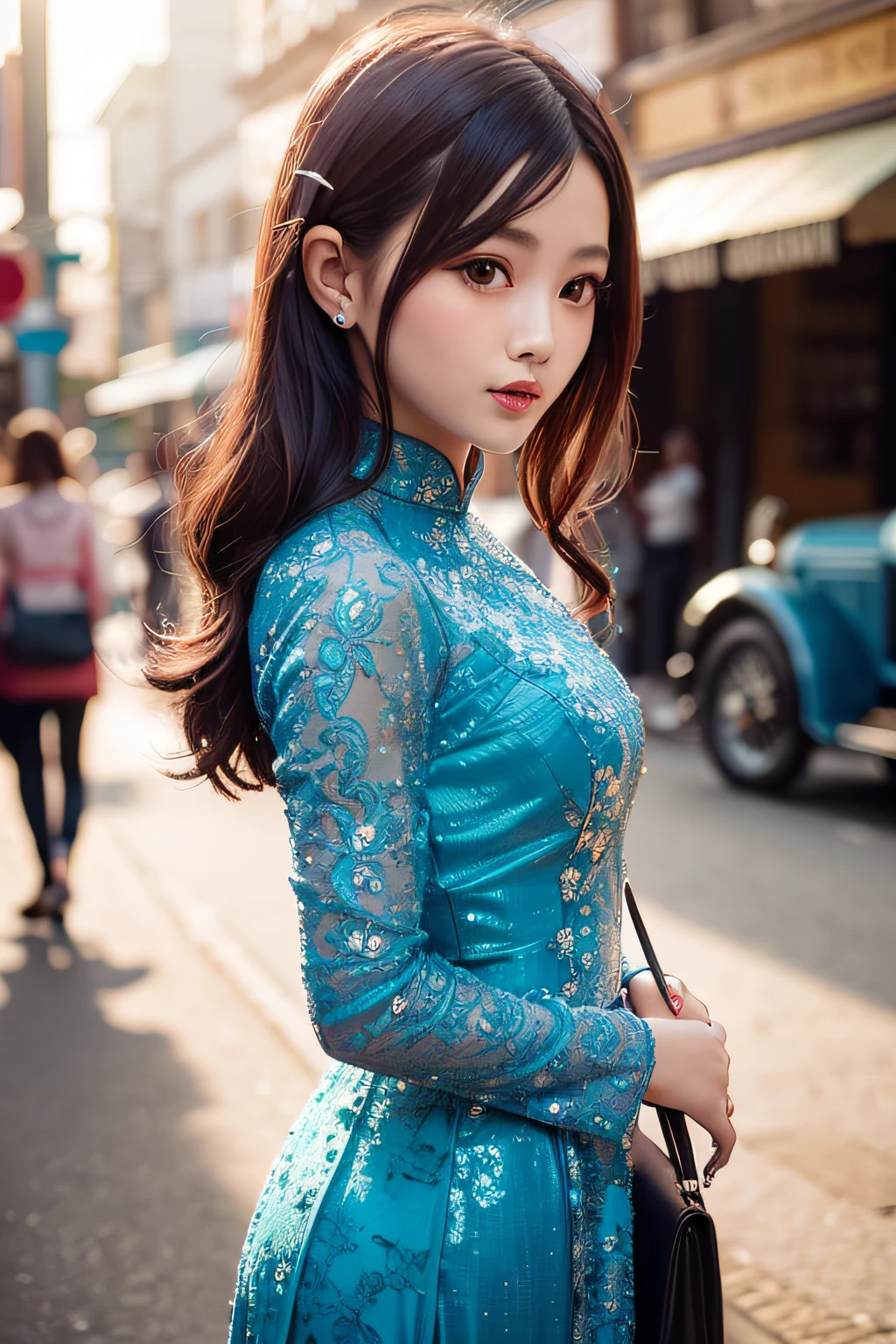 a beautiful girl in vintage colors aodai tradition viet nam, city nigth, masterpiece, best quality, realistic:1.3, street, cyberpunk, sunlight, backlighting, artstation, intricate details, vignette, city night, antique car, Hoi An