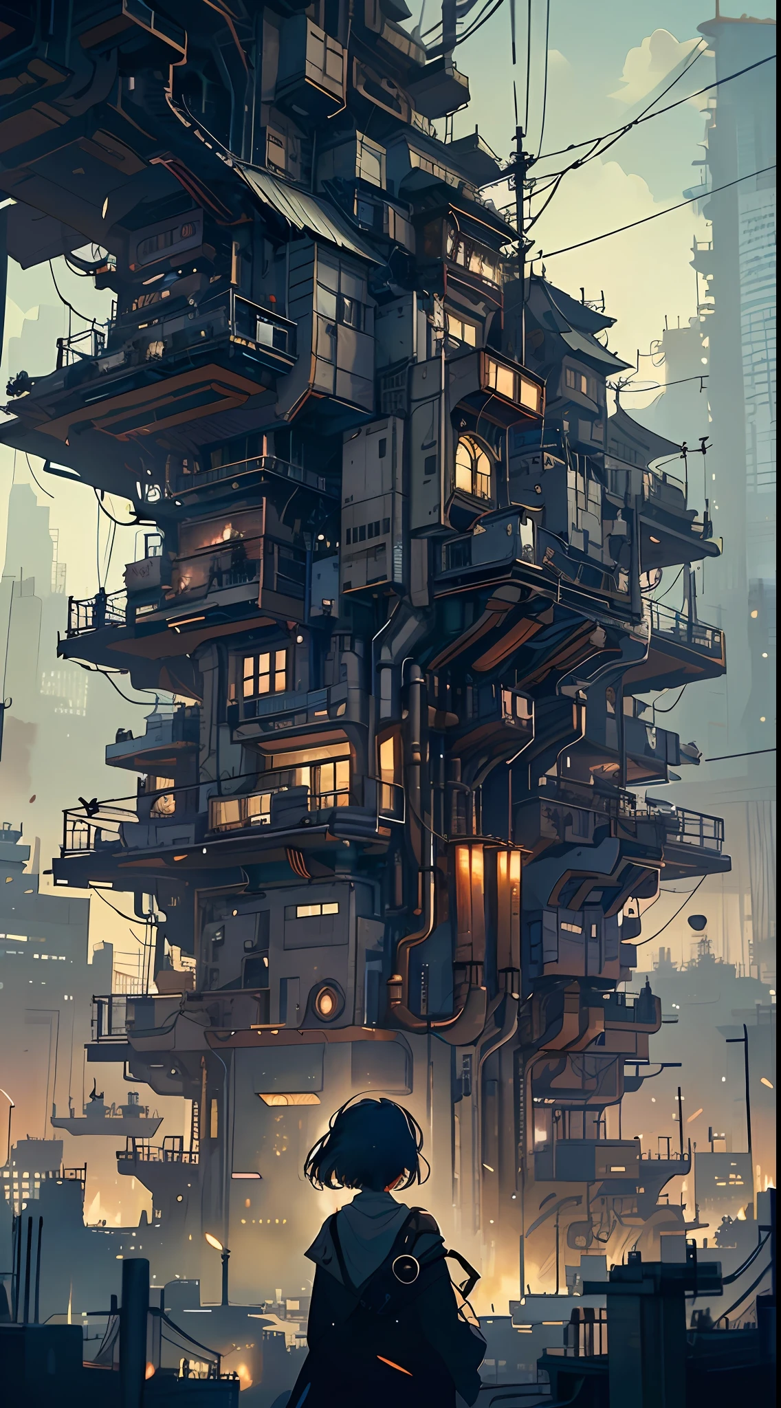 A ray of hope in a dystopia、A girl wanders into a dark Chinese skyscraper、One littlck in the back center of the screen、Very complex cityscape、A devastated world、Pulling composition、industrial、High-definition depiction、A city lined with electric wires、Make a story with 4 sheets