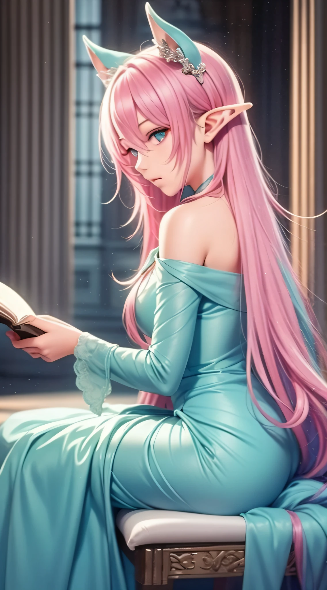 In the academy,An elf girl,((I was reading the press)),,((Reading a book)),(Sit in the luxurious hall),(Long blonde hair),(Turquoise eyes),Elf ears,Gentle appearance、The back is straight,The polished back of the dress exposed,The quiet temperament of a literary girl,The eyes are as calm as water,(Looking from the side:1.3)