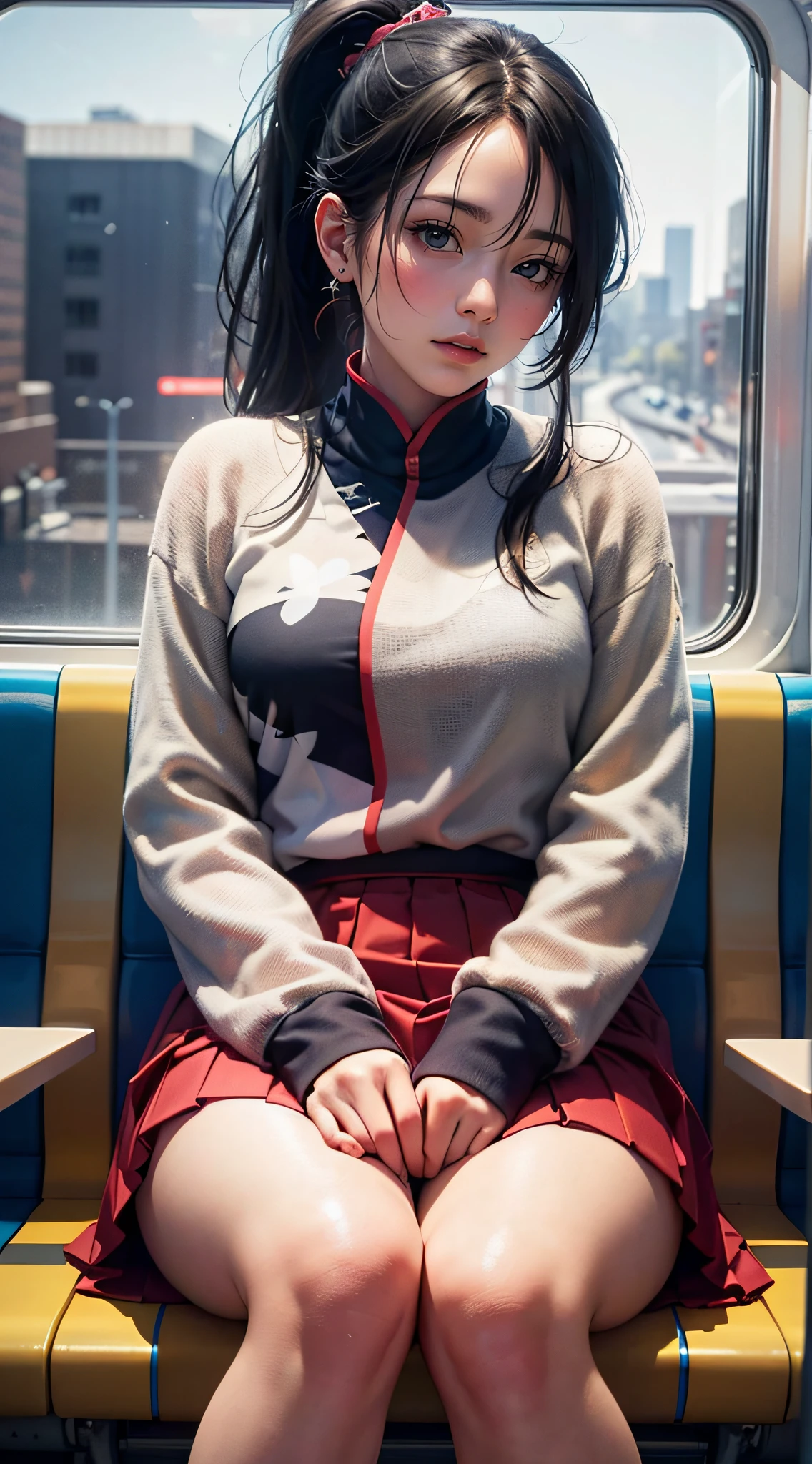 “（nmasterpiece，high-definition，ultra high def，4K）Black hair with double ponytail， Japanese girl，Red tight skirt，emphasizing thighs，Exposing the skin of the legs，soft thighs，Glossy thighs，sat down in train aile，Face-to-face perspective，（From the angle below），Sit in the train seat，Sit in front，Crotch zoom camera，Feet on the train floor，Whole human body，Head down and sleepy-eyed，Just look at the audience"， 最佳质量， ultra high def， （make realistic：1.4）， high resolucion， specifics，