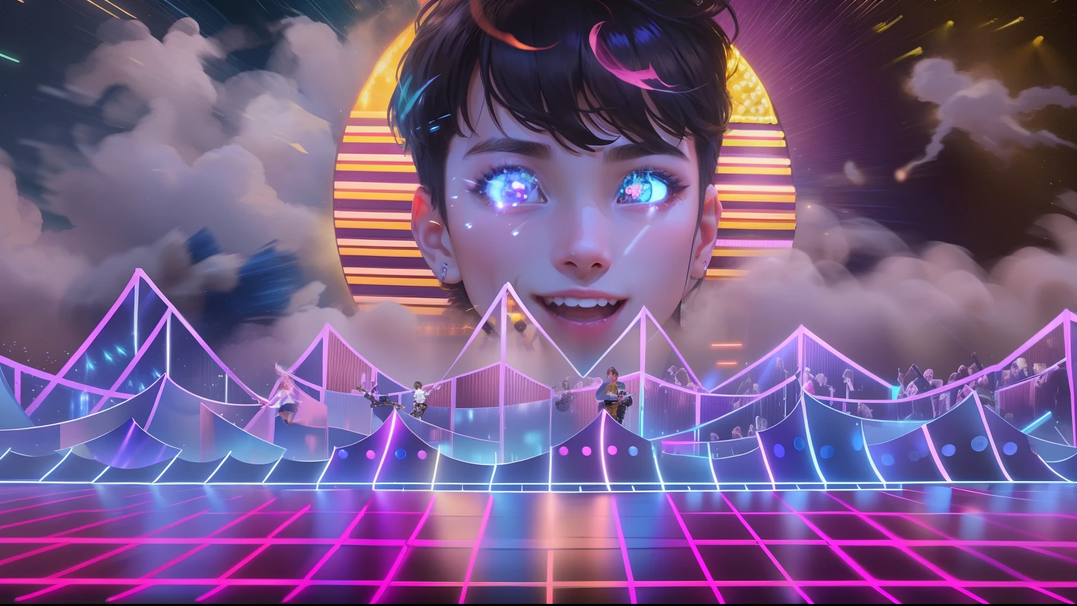"Kpope style", (best quality, ultra-detailed, masterpiece), high definition, vibrant colors, (1boy), (flying hair+bangs), (sparkling eyes+sweet smile+cheeks), (white shirt+pink skirt), (holding a mic+performing on stage), (background: explosive lights with colorful shapes moving around), (camera angle: medium closeup), (dynamic and energetic).