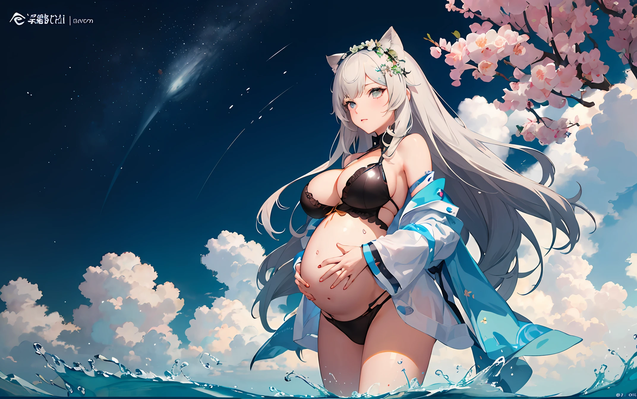 anime girl with big breast in water with flowers in her hair, small curvy , guweiz on pixiv artstation, guweiz on artstation pixiv, 8k high quality detailed art, detailed digital anime art, trending on artstation pixiv, guweiz, best anime 4k konachan wallpaper, detailed anime artwork,pregnant belly,Beth