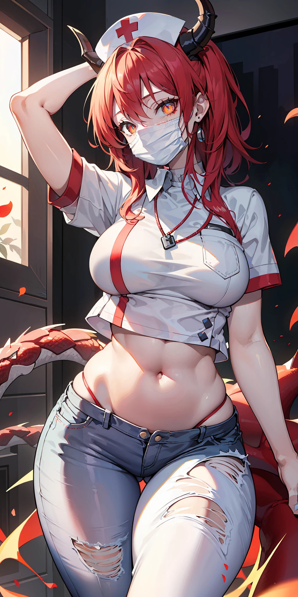 ((masterpiece)), ((best quality)), ((anime profile style)), ((HD 4k)), ((female character)), ((nurse)), ((beautiful body)) , girl, female face, happy, ((flushed)), (mouth mask), fair skin, ((dragon eyes)), Eyelid, Pupil, Sclera, Iris, eyebrow, eyelashes, ear, nose, ((hair in white red colors)), neck, shoulders, ((white shirt)), (thin waist), ((ripped pants)), ((perfect belly)), arms, ((thick legs)), ((big thigh )), background, ((in the hospital)), details in the environment, surrounding objects, ((lighting)), viewer view