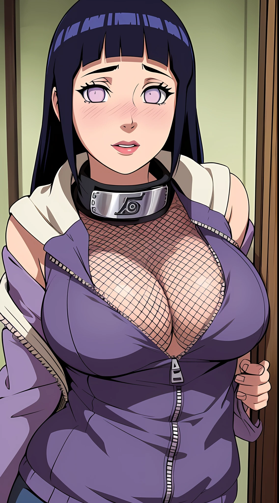 Masterpiece, highres, high Quality, detailed face, detailed body render, 1girl, solo, hyuuga hinata, hinata-sleeveless-outfit, large breasts, big breast, sleeveless shirt, fishnet top, dark lips, unzipped jacket, no bra, breasts out, nipple, standing, blushes, (on bedroom)