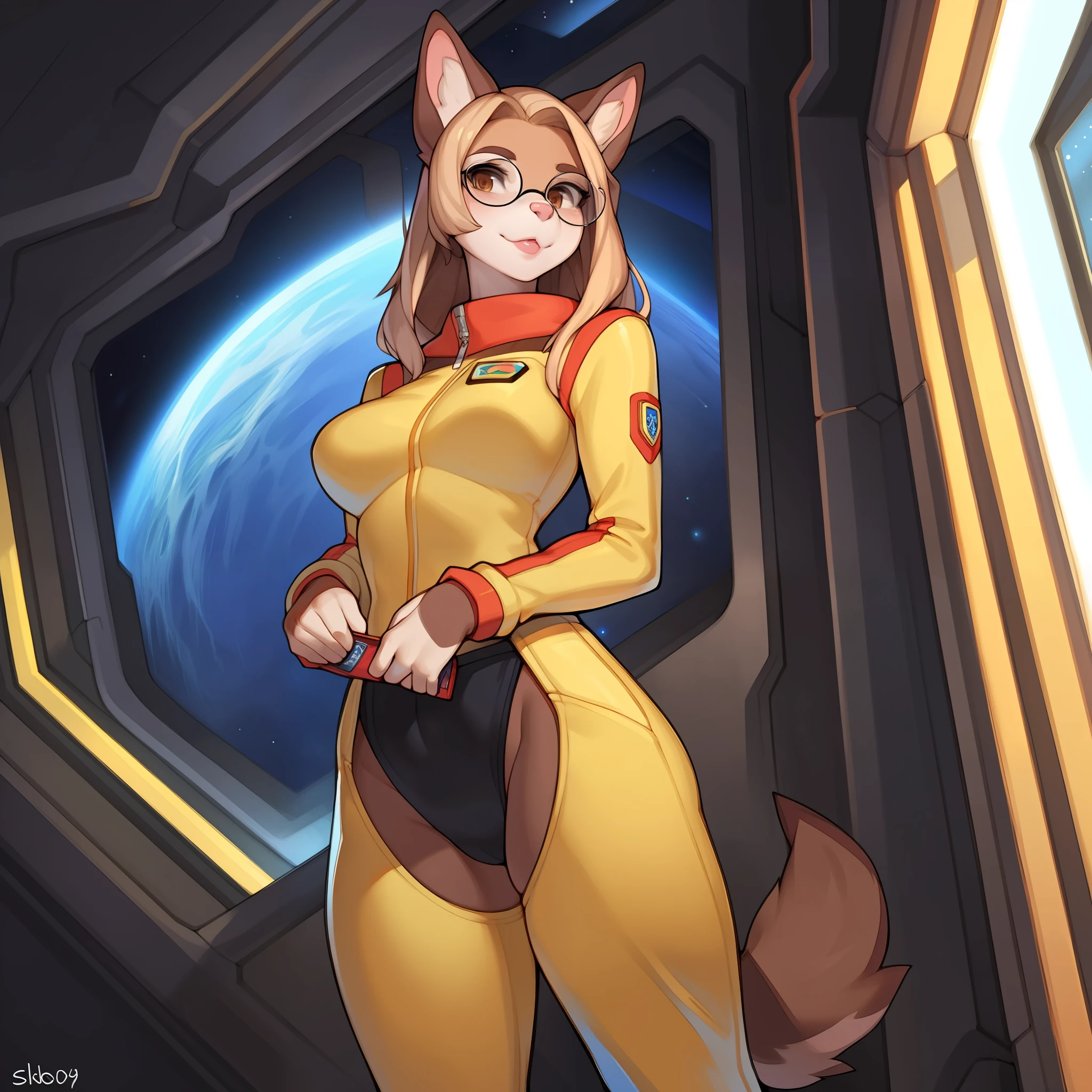 by buta99, by chelodoy, by spikedmauler, by cervina7, solo, female, lips, pink lips, pink nose, snout, glasses, detailed eyes, detailed hands, canine, brown fur, brown body, brown face, brown eyes, tan hair, ceasar hairstyle, yellow spacesuit, uniform, cameltoe, medium breasts, standing, pink inner ear, spaceship, space, window