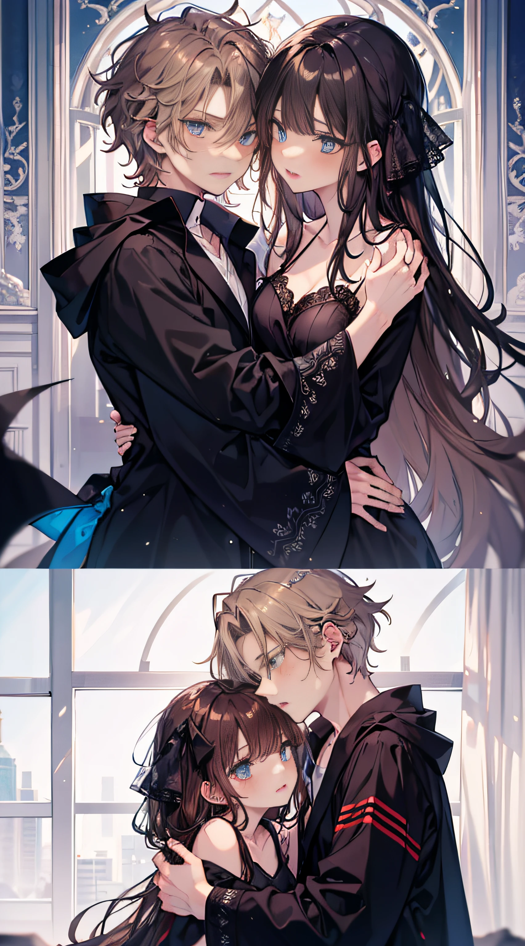 couple，1 man，Sharp blue eyes，Sharp pupils，Brown pointed hair，He wears a black robe and pajamas，nightgown，Intimate hug with red-eyed wife（（18 year old face））