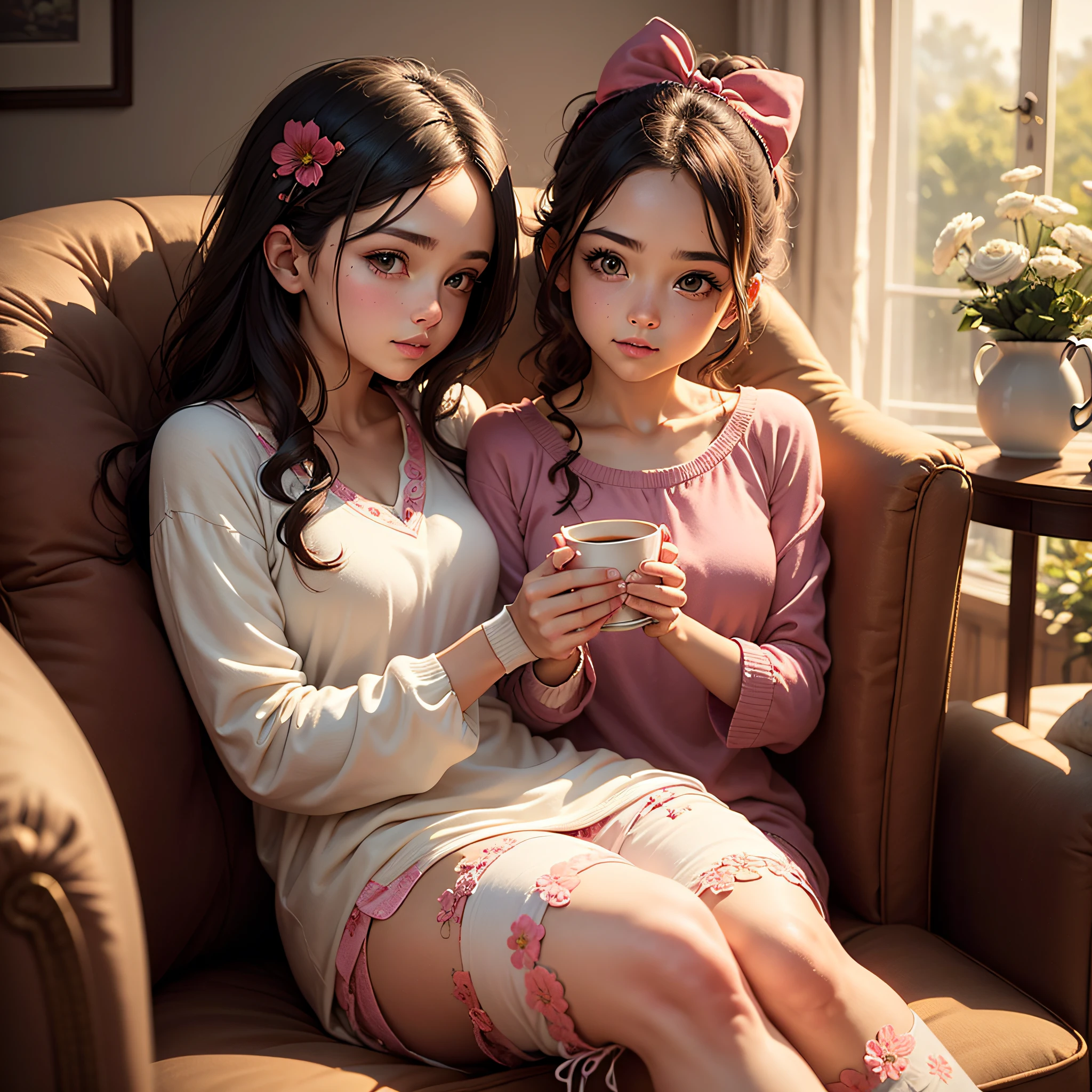 Uma imagem serena de uma menina de 18 anos, with a sweet and sweet appearance, vestindo um pijama de estampa floral. She's sitting in a cozy armchair, holding a delicate cup of tea, while hugging a teddy bear with a ribbon loop. The setting is an elegant and cozy tea room.