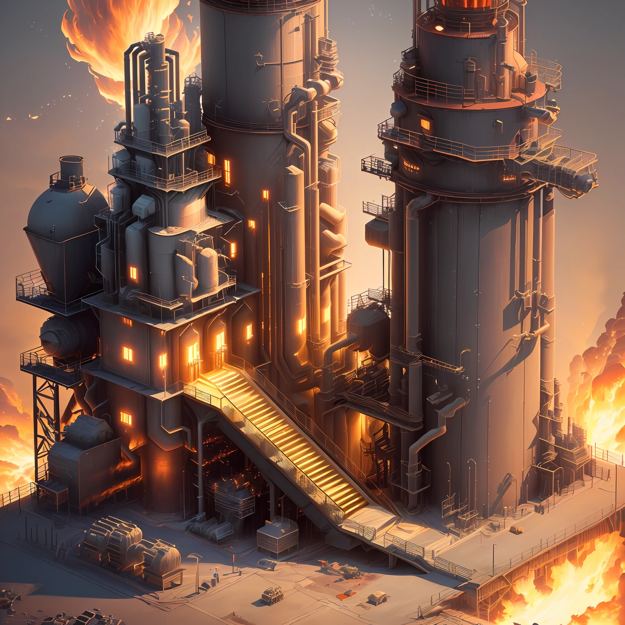 (Isometric 3D)、(A masterpice)、(Highly detailed CG Unity 8K wallpapers)、(beste-Quality)、(the best illustration)、(Best Shadows)、a Pretty、(((There are a lot of machines)))、(((Blast furnace plant))),Octane Rendering、ray-traced、Ultra-detailed