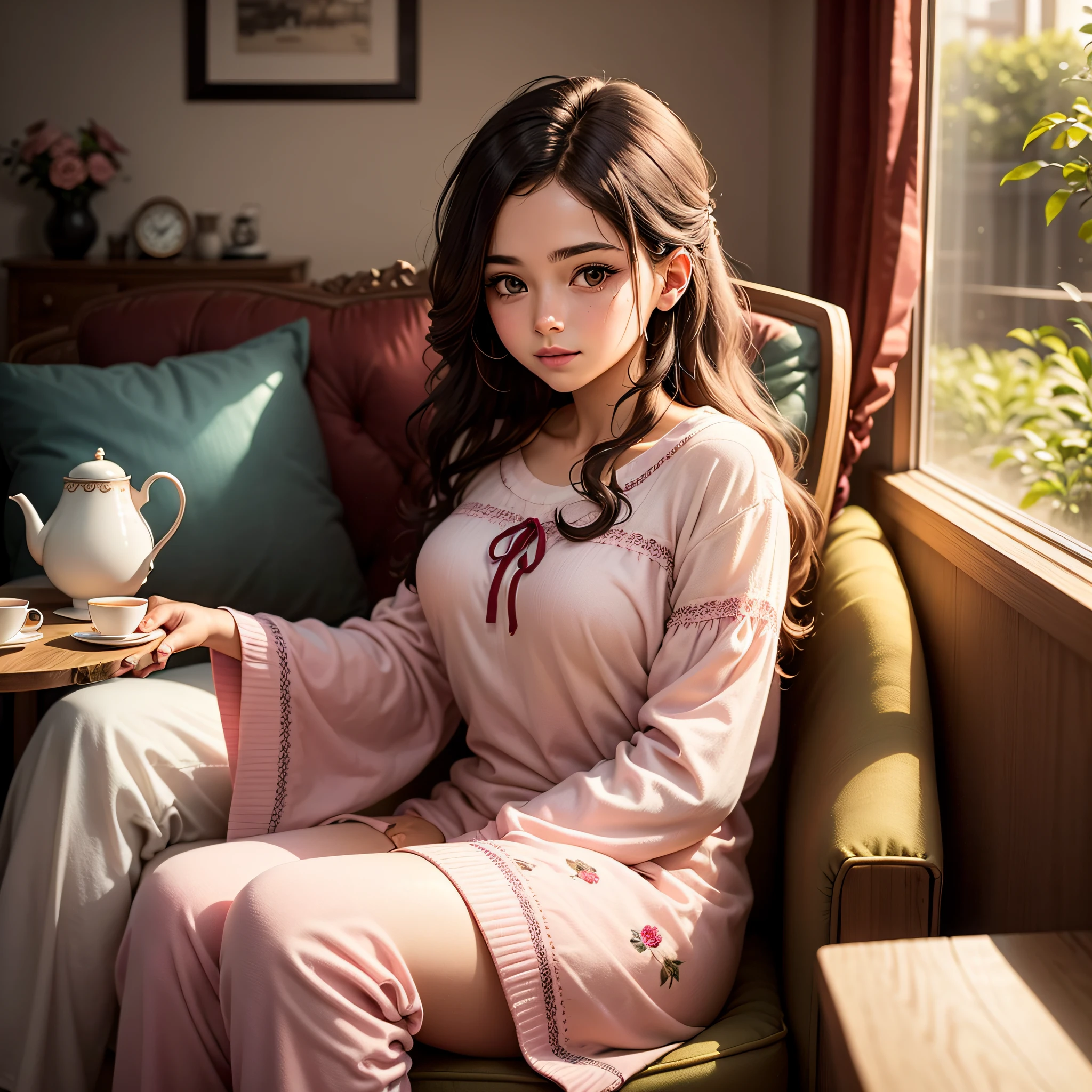 Uma imagem serena de uma menina de 18 anos, with a sweet and sweet appearance, vestindo um pijama de estampa floral. She's sitting in a cozy armchair, holding a delicate cup of tea, while hugging a teddy bear with a ribbon loop. The setting is an elegant and cozy tea room.