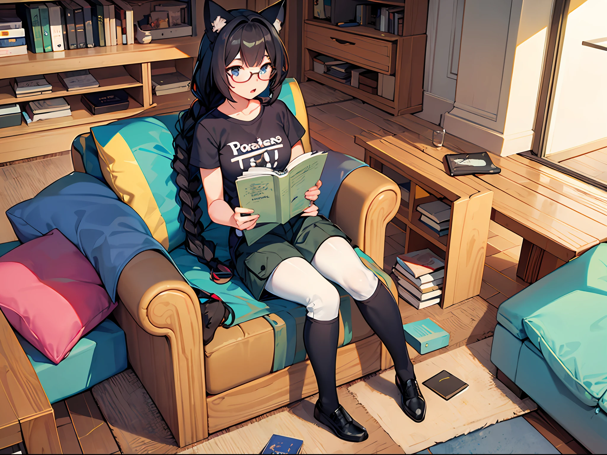 Masterpiece, best quality, super detailed, 1girl, fullbody photo, cute and beautiful adult (catgirl), (monstergirl), (black hair gathered in one braid), detailed, big t-shirt, cargo pants, reading glasses, holding a book in her hands, ((empty and abandoned) living room) in the background