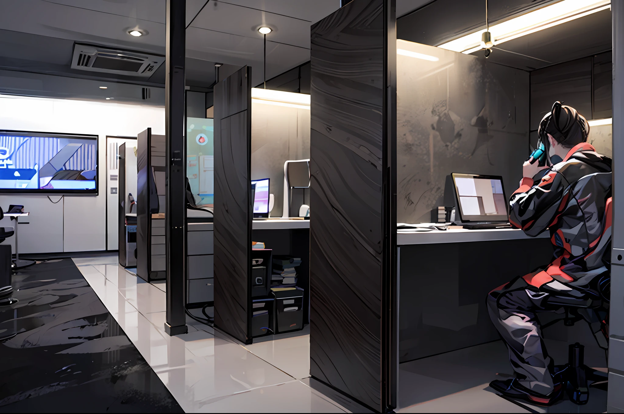 ((best quality)), ((masterpiece)), 1girl, gaming room, neon lights, led lighting, hacker, red room