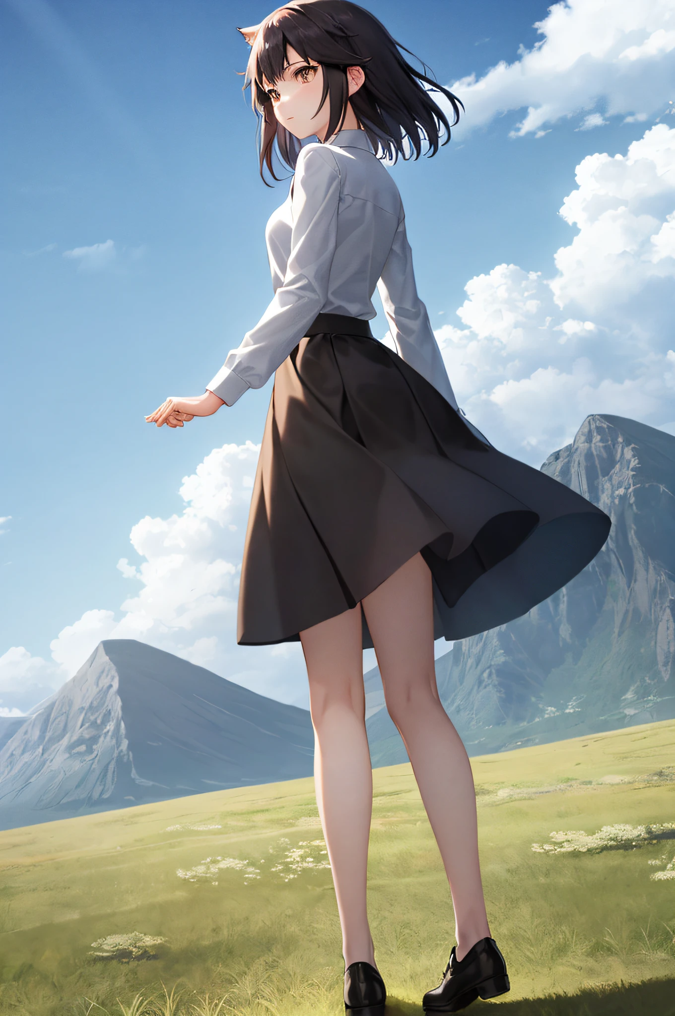 Very detailed and precise illustrations、Rear view of a very beautiful 25 year old woman、I can't see my face、独奏、Standing without cutting your head、Slightly low angle、Perfect beautiful fingertips、Standing on a hill with legs spread wide and looking at the clouds in the distance、Brown berry shorthair、Perfect round gray eyes、Small breasts、Both hands are lowered、独奏、Dark grey long-sleeved shirt、Wearing a long dark brown skirt。Wearing dark brown shoes、Very bad weather、Black sky、windy、Fantastic mountain background、Makoto Shinkai CG Art。