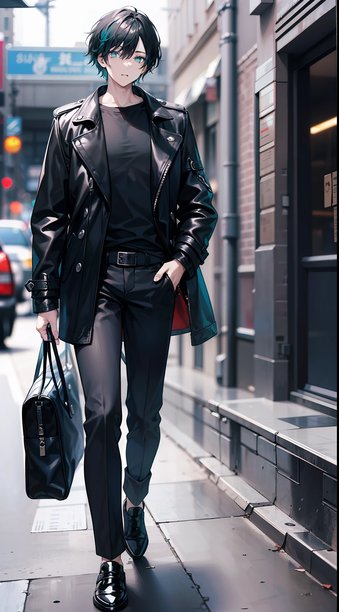 Tall guy, Short black hair, Cyan eyes, leather trenchcoat, black trousers, Black T-shirt, Masterpiece, high qulity