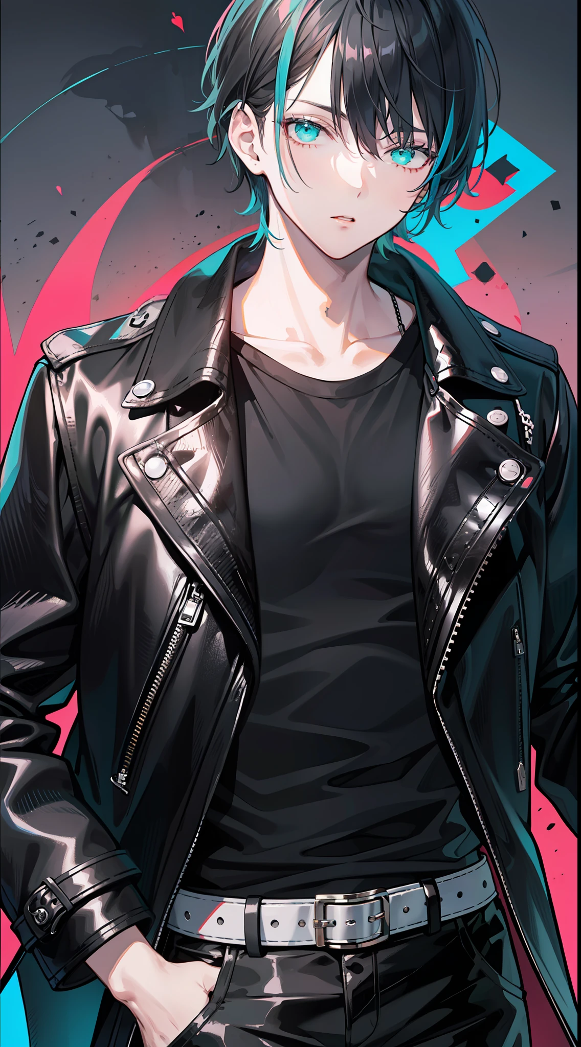 Tall guy, Short black hair, Cyan eyes, leather trenchcoat, black trousers, Black T-shirt, Masterpiece, high qulity