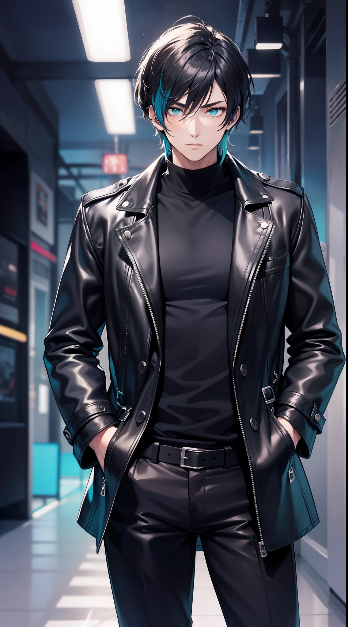 Tall guy, Short black hair, Cyan eyes, leather trenchcoat, black trousers, Black T-shirt, Masterpiece, high qulity