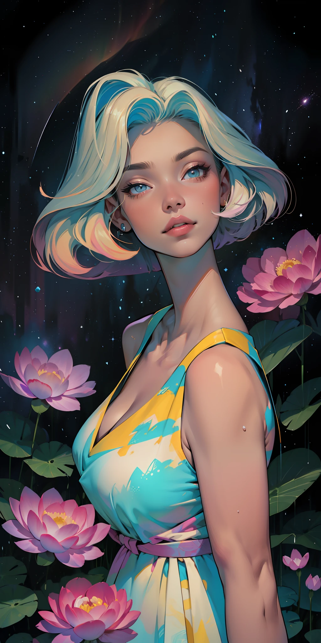 peony/lotus/cornflower/wheat/mallow/ chamomile/poppy/Wildflowers,professional,abstract beauty,approaching perfection,Dynamic,Highly detailed,digitally painted,Artstation,Concept art,Smooth,Sharp focus,illutst,Artists: by Carne Griffiths, Wadim Kashin,leonid afremov,kandinsky,Psychedelic,watercolour,crystals foil,stylish,fantastic,gold,colorful neon, s face, waist-high, portrait of a, up close, near, close up, queen, a goddess, A glorious sunrise, aura, glow, multi-colored bright aurora borealis, Spectrum Rainbow,Colored feathers, In a chic, lavender white mint hair,  pastel, mixed-language_SMS, (beautiful and clear background:1.2),, fantastic paintings , olhos altamente detalhados, crystals,   outer space, galaxy, Gorgeous hair, Background Flora Peony, poppy, hydrangea, Plants. Loving. Love. ultra detailed hair, Best Quality, high qulity, high resolucion, detail enhancement, ((most beautiful image in the world)), Masterpiece, Best Quality, High Quality Detail Enhancement, ((most beautiful image ), Shiny hair, Ultra chic lace panties, Stampa Flores, art by stjepan sejic, art by j scott campbell, art by guillem march, art by citemer liu, 4k, high resolucion, comic book character, comic, high quality detailed,   style of ::2.0 comix illustration style,tatoon style, high qulity, high resolucion, detail enhancement, 8K, HD, Best Quality, high qulity, high resolucion, detail enhancement, 8K, HDR, Sharp focus, Ultra Detailed, perfect  lighting, Curvy Body, Lush big breasts, Curvy big hips, On Bed, sparks, Stars, The Cycle of the Stars